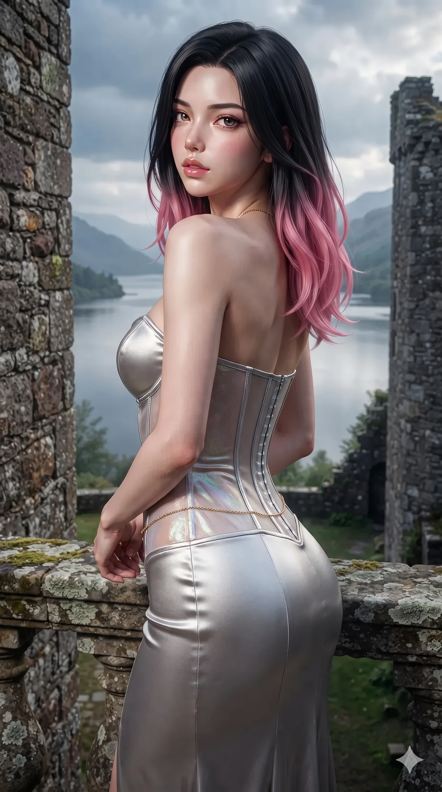 score_9, masterpiece, best quality, ultra-detailed, high-budget anime keyframe, editorial fashion photography, tasteful artistic composition, Korean woman. close-up cowboy shot from the waist and thighs up, the character dominates the composition, filling the frame with her large presence. posing in an alluring rear three-quarter angle, looking over a bare shoulder with parted glossy lips, her hips cocked back to highlight her slim hourglass curve while turning in an alluring contrapposto stance as her sweeping heavy fabric catches the highland breeze, gazing out over the vast loch with sovereign allure. The surrounding environment is rendered in vivid detail and crisp panoramic clarity: sharp ancient granite masonry texture, lichen-covered stone balustrades, and loch ripple clarity in deep focus. She has an exceptionally elegant, slender, and willowy female figure with an ultra-slim waist, flat toned midriff, narrow ribcage, and sculpted feminine hips creating an alluring, slim hourglass silhouette without bulk. sharp v-shaped jawline, high-bridge nose, intricate jewel-like eyes with depth, thick eyelashes, glossy parted lips with a natural sheen, intensely captivating and seductive bedroom-eyes expression, flawlessly proportioned anatomical accuracy, strict slender model proportions, natural body alignment, perfectly sculpted long slender limbs, ultra-slim waistline, clean dynamic posture without body distortion. wearing a form-fitting corseted satin bustier evening gown with sheer side waist panels and dramatic leg slit in iridescent mother-of-pearl and liquid molten silver, crafted from bespoke double-faced cashmere with an exceptionally soft tactile finish, accented with a dainty gold belly chain resting across her flat midriff and curving hips, the impeccably tailored cut draping gracefully along her slender figure with aristocratic poise. illuminated by cool misty ambient loch light softly contouring her razor-sharp jawline, narrow waist, and curvy hips. ultra-reflective glossy finish, specular highlights, rich textural contrasts, high-contrast stereoscopic depth, volumetric dynamic lighting, 2k, ultra detail, master piece, 9:16 ratio