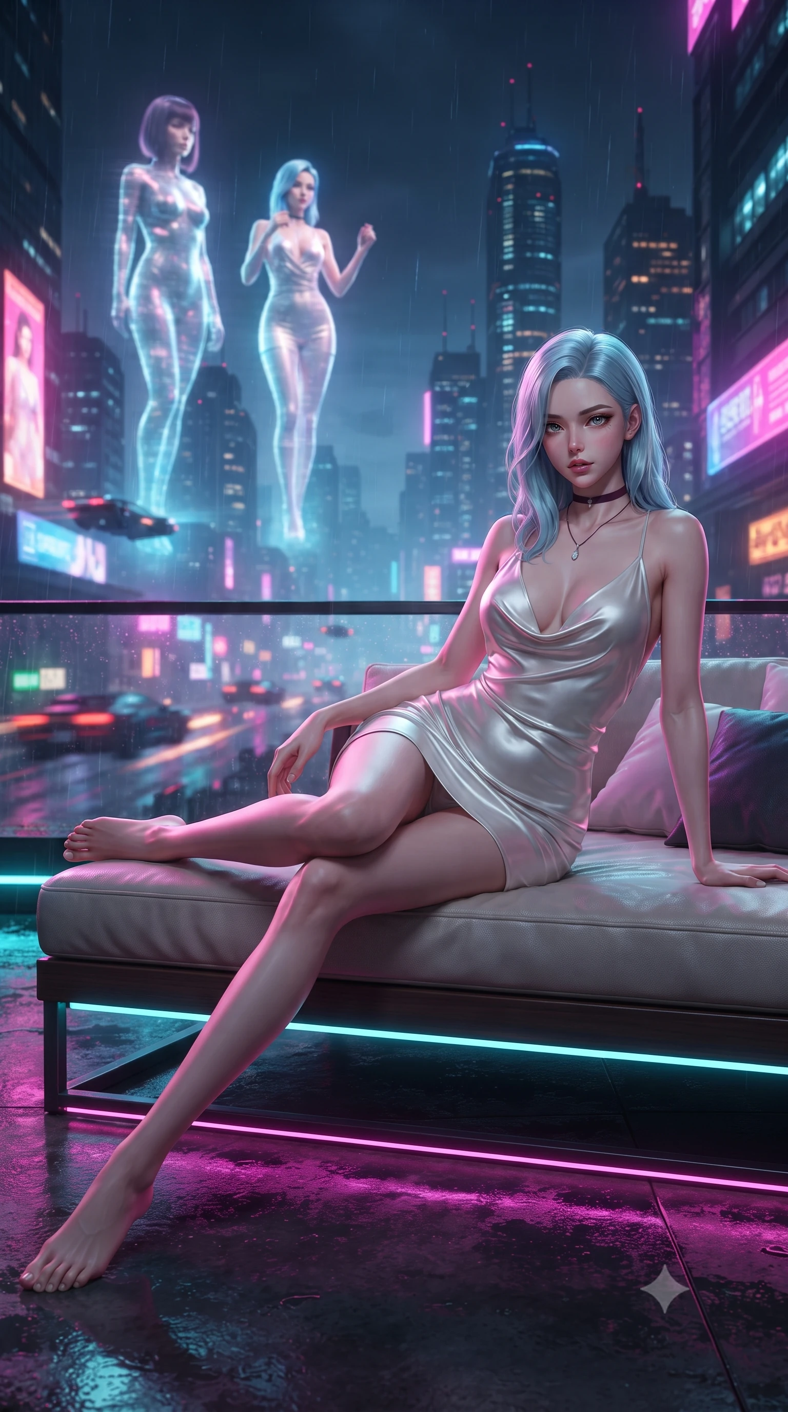 score_9, masterpiece, best quality, ultra-detailed, high-budget anime keyframe, editorial fashion photography, tasteful artistic composition, Korean woman. low angle full-body shot from head to toe showing her feet, filling the entire 9:16 vertical frame with her statuesque presence, stretching her vertical silhouette. reclining gracefully across the plush chaise lounge with one leg extended, her sculpted silhouette and flat midriff radiating magnetic nocturnal glamour while lounging across an outdoor weather-resistant daybed propped on one elbow, her flat midriff and long slender legs commanding the futuristic vista. The background shows a soft-focus monumental holographic advertising figures floating in mid-air, rainy neon skyscrapers, and flying vehicle trails blurred into electric fuchsia, cyan, and amber bokeh. She has an absolutely perfect, statuesque 8.5-heads proportion, an exceptionally tall and slender model-like female figure with impossibly long slender legs, an ultra-slim waist, a flat toned midriff, narrow delicate ribcage, and beautifully sculpted feminine hips creating a graceful, slim hourglass silhouette without any bulky heaviness. sharp v-shaped jawline, high-bridge nose, sparkling eyes with hypnotic seductive depth, thick curled eyelashes, glossy parted lips with a natural dewy peach sheen, alluring bedroom-eyes with an enchanting coquettish smile, exuding magnetic siren charisma and sophisticated glamour, flawlessly proportioned anatomical accuracy, strict slender model proportions, natural body alignment, perfectly sculpted long slender limbs, ultra-slim waistline, clean dynamic posture without body distortion. wearing a low-cut draped cowl-back satin slip mini dress with dainty pearl spaghetti straps in pure pearl alabaster with platinum sheen, tailored from fine structural neoprene with crisp architectural edges and smooth contouring, finished with a thin velvet ribbon choker and a single teardrop diamond pendant, the second-skin tailored fabric adhering flawlessly to her sculpted flat midriff and slender torso, emphasizing her long leg lines and perfectly proportioned willowy build. illuminated by wet floor specular reflections and sharp magenta-cyan rim lights sculpting her razor-sharp jawline, narrow waist, and curvy hips. ultra-reflective glossy finish, specular highlights, rich textural contrasts, high-contrast stereoscopic depth, volumetric dynamic lighting, 2k, ultra detail, master piece, 9:16 ratio