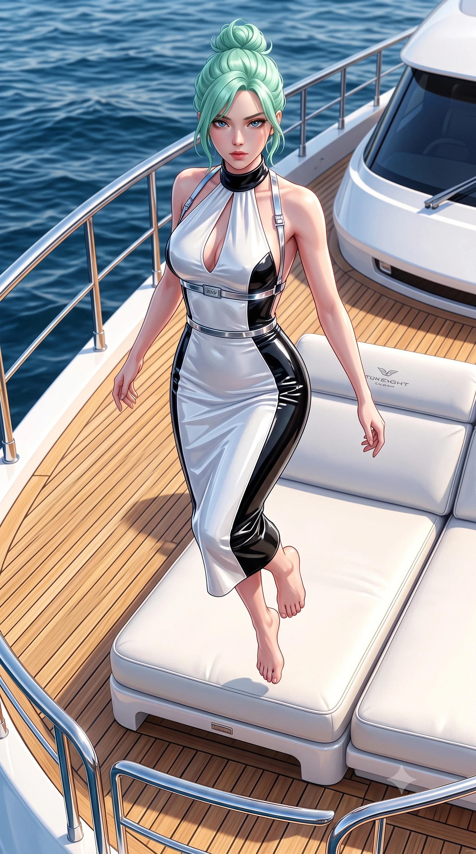 score_9, masterpiece, best quality, ultra-detailed, high-budget anime keyframe, semi-realistic 3D game render, editorial fashion photography, tasteful artistic composition, Japanese woman. low angle full-body shot from head to toe showing her feet, filling the entire 9:16 vertical frame with her statuesque presence, stretching her vertical silhouette. performing an alluring mid-air vault with flawless poise, looking directly into the camera with smoldering intensity while lounging seductively across a custom white leather sunbed on the teak deck of a luxury yacht under brilliant sun. The surrounding environment is rendered in vivid detail and crisp panoramic clarity. crisp golden teak deck wood grain, polished chrome yacht railings, and deep blue sea waves in deep focus. She has an absolutely perfect, statuesque 8.5-heads proportion, an exceptionally tall and slender model-like female figure with impossibly long slender legs, a toned flat midriff, and an ultra-slim waist. sharp v-shaped jawline, high-bridge nose, intricate jewel-like eyes with depth, thick eyelashes, glossy lips with a natural sheen, flawlessly proportioned anatomical accuracy, strict slender model proportions, natural body alignment, perfectly sculpted long slender limbs, ultra-slim waistline, clean dynamic posture without body distortion. wearing a velvet halter-neck midi dress fitting her statuesque contour flawlessly with a Tasteful chest slit and open spine in high-gloss monochrome white and sharp black contrast, formed from high-gloss patent material with specular light reflections, reinforced by a sleek metallic chrome harness and delicate glowing micro-straps, the form-contouring material adhering flawlessly to her sculpted flat midriff and slender torso, emphasizing her long leg lines and perfectly proportioned willowy build. surrounded by an exclusive, sun-drenched, and unapologetically glamorous superyacht luxury aura. highly saturated vibrant anime colors, detailed shading with soft gradients, rich glossy textures, high-contrast stereoscopic depth, volumetric dynamic lighting, master piece, 9:16 ratio