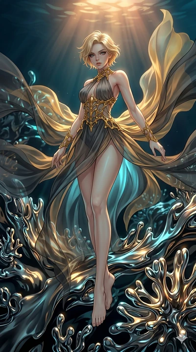 score_9, masterpiece, best quality, ultra-detailed, high-budget anime keyframe, Japanese woman. low angle full-body shot filling the entire 9:16 frame with her statuesque presence, stretching the vertical silhouette. diving through a bionic fluid mer