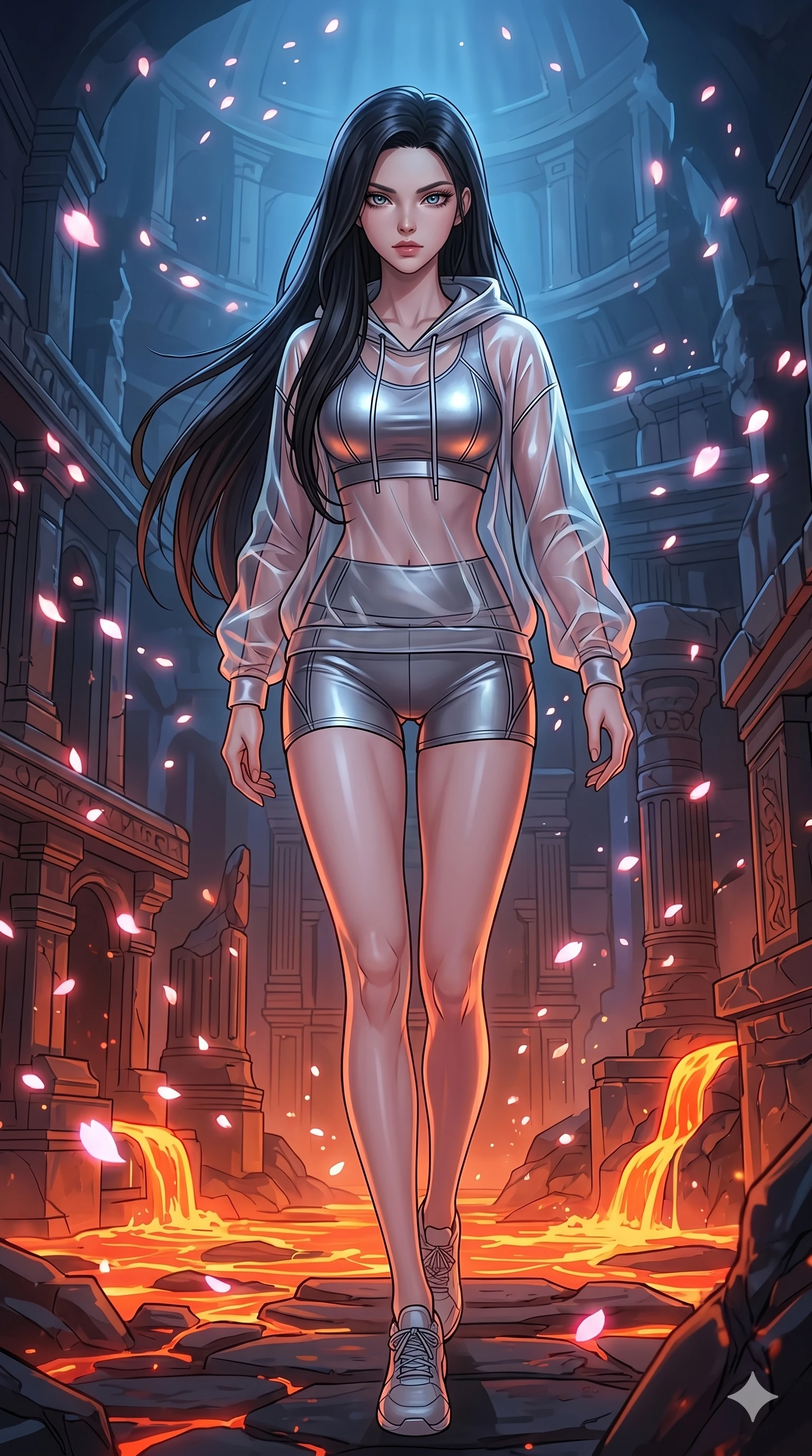 score_9, masterpiece, best quality, ultra-detailed, high-budget anime movie keyframe, cinematic anime lighting, intricate line art, Caucasian (strictly human ears) woman. Dynamic full-body shot stretching the vertical silhouette across the 9:16 frame. exploring lost ruins in a volcanic lava forge with digital sakura petals. She has an absolutely perfect 8-heads proportion, an exceptionally tall and slender female figure with an ultra-slim waist and impossibly long slender legs. sharp v-shaped jawline, high-bridge nose, intricate jewel-like eyes, thick eyelashes, glossy lips. Wearing premium athleisure set with a metallic-finish compression top, high-cut yoga shorts that accentuate her long legs, and a sheer oversized hoodie. The scene is illuminated by dramatic atmospheric lighting and vibrant color palettes. , 2k, ultra detail, master piece, 9:16 ratio