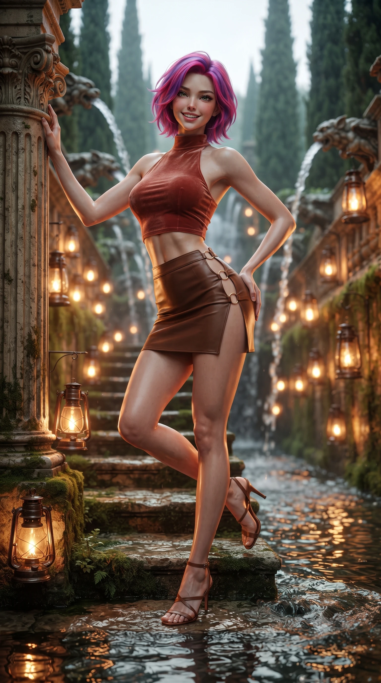 score_9, masterpiece, best quality, ultra-detailed, high-budget anime keyframe, editorial fashion photography, tasteful artistic composition, Caucasian woman. low angle full-body shot from head to toe showing her feet, filling the entire 9:16 vertical frame with her statuesque presence, stretching her vertical silhouette. standing tall beside the architectural column, one hand resting high while arching her lower back to emphasize her sculpted feminine hips and slender waist while ascending the mossy Renaissance stone water staircase, pausing in mid-step with an alluring contrapposto arch that highlights her curvy hips. The background shows a soft-focus cascading water jets from hundreds of stone gargoyle spouts, towering cypress trees, and glowing oil lanterns blurred into emerald, amber, and obsidian bokeh. She has an exceptionally tall and slender model-like 8.5-heads proportion, an ultra-slim waist, a flat toned midriff, narrow delicate ribcage, and beautifully sculpted feminine hips creating a graceful, slim hourglass silhouette without any bulky heaviness, with impossibly long slender legs. sharp v-shaped jawline, high-bridge nose, intricate jewel-like sparkling eyes with depth, thick eyelashes, glossy parted lips with a natural peach sheen, bright cheerful beaming smile with an enchanting and coquettish sensual glint, exuding both youthful cute charm and seductive allure, flawlessly proportioned anatomical accuracy, strict slender model proportions, natural body alignment, perfectly sculpted long slender limbs, ultra-slim waistline, clean dynamic posture without body distortion. wearing a high-neck cropped halter top in stretch velvet paired with a high-waisted leather mini skirt with side zip slit in Milanese terracotta rose and warm espresso, made of fluid liquid jersey with seamless sculpting hold and smooth contours, finished with fine gold ring clasps securing the daring side openings along her hip line, the form-contouring silhouette accentuating her sculpted flat midriff, narrow delicate ribcage, and gracefully curvy hips with intoxicating allure. bathed in the flickering warm golden glow of antique lanterns reflecting in turbulent water pools. ultra-reflective glossy finish, specular highlights, rich textural contrasts, high-contrast stereoscopic depth, volumetric dynamic lighting, 2k, ultra detail, master piece, 9:16 ratio