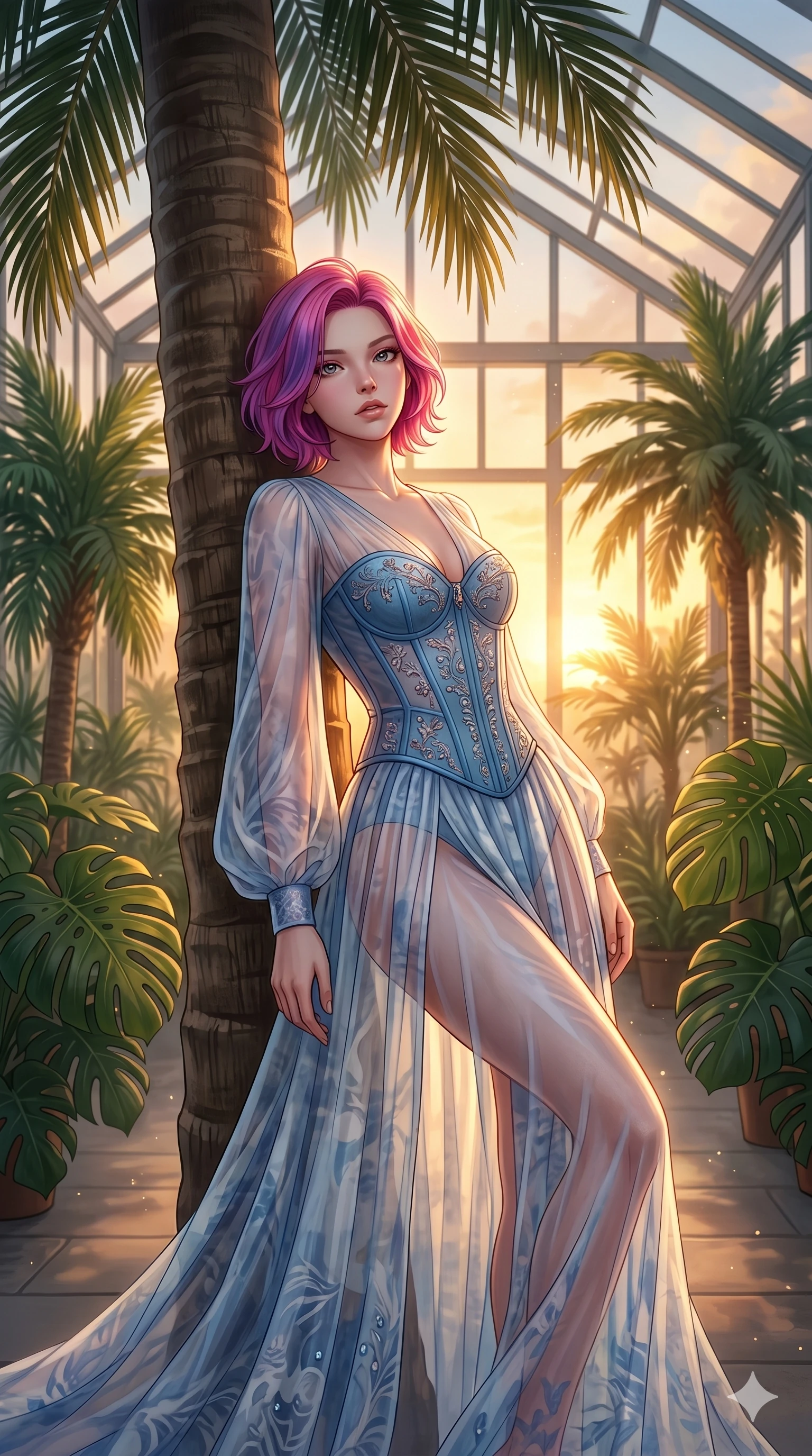 score_9, masterpiece, best quality, ultra-detailed, high-budget anime keyframe, editorial fashion photography, tasteful artistic composition, Caucasian woman, strictly human ears. cowboy shot from the thighs up, character and outfit filling the frame for maximum editorial presence. leaning back against a palm trunk, her lips parted inside a glass sunroom with rows of tropical palms and monsteras (Code-P19-177). She has an absolutely perfect 8-heads proportion, an exceptionally tall and slender female figure with impossibly long slender legs and an ultra-slim waist. V-shaped jawline, high-bridge nose, intricate jewel-like eyes with depth, thick eyelashes, glossy lips with a natural sheen. wearing a sheer chiffon dress with a blue corset bodice. warm sunset light pouring through the trees, casting a warm glowing aura on her. 2k, ultra detail, master piece, 9:16 ratio