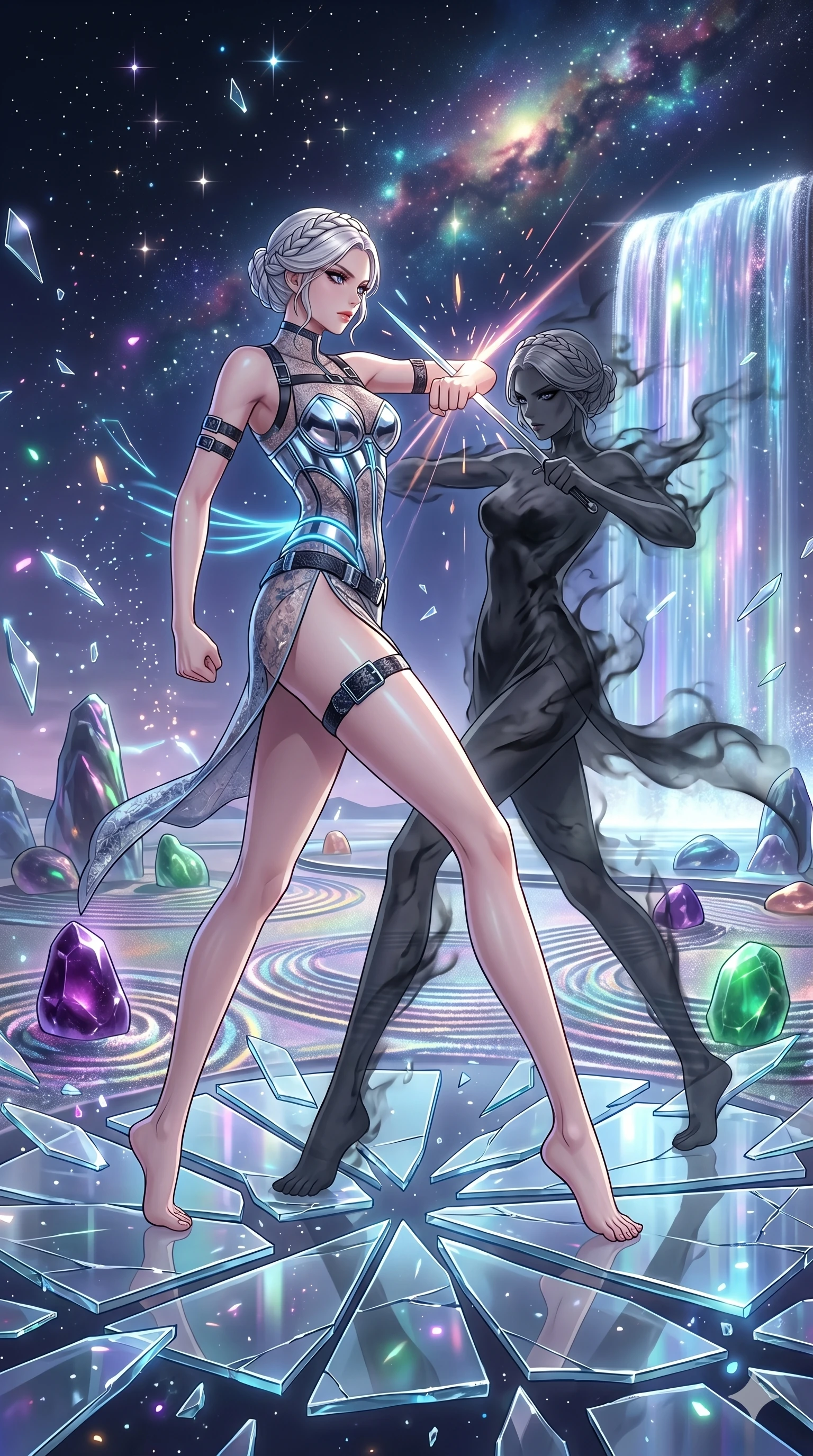 score_9, masterpiece, best quality, ultra-detailed, High-budget Anime Keyframe, vibrant colors, fluid line-art, expressive lighting, cinematic composition, Ufotable-style visual effects, top-tier animation quality, Japanese woman with delicate and elegant anime-inspired features. Wide-angle low shot emphasizing her impossibly long slender legs and commanding stature. Engaging in a fierce duel with a shadowy mirror version of herself on a platform of floating glass shards. She has an absolutely perfect 8-heads proportion, an exceptionally tall and slender female figure with impossibly long slender legs and an ultra-slim waist, her statuesque height and towering silhouette dominating the vertical 9:16 frame. Her face is a masterpiece featuring a sharp v-shaped jawline, high-bridge nose, intricate jewel-like eyes with depth, thick eyelashes, and glossy lips with a natural sheen. She is wearing a Chrome-plated corset over a sheer lace base with tactical straps and metallic buckles crafted from Carbon-fiber weave with a high-tech matte finish and integrated glowing filaments, with a dangerous high slit that showcases her impossibly long slender legs. The scene is set in a serene Zen garden with metallic sand, glowing stones, and a holographic waterfall, illuminated by flickering starlight and nebula glow providing a mystical and vast ambiance. 2k, ultra detail, master piece, 9:16 ratio