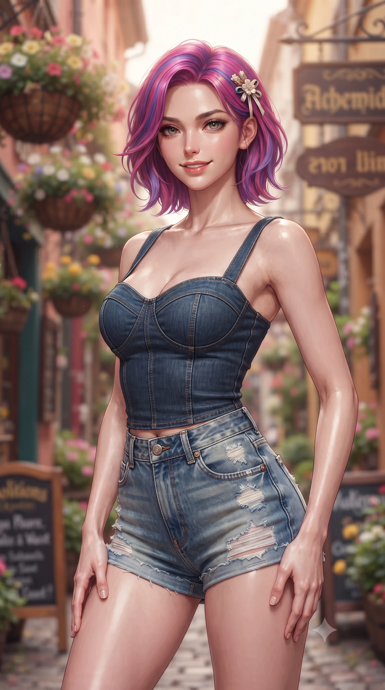 score_9, masterpiece, best quality, ultra-detailed, high-budget anime keyframe, editorial fashion photography, tasteful artistic composition, Caucasian woman. close-up cowboy shot from the waist and thighs up, the character dominates the composition, filling the frame with her large presence, background elements kept in soft focus. smiling cutely with an air of effortless superiority and magnetic charm set against a soft-focus background of in a colorful alley decorated with hanging flower baskets and wooden signs holding a cute handmade ribbon hair clip, looking at the camera. She has an exceptionally elegant, slender, and willowy female figure with an ultra-slim waist, a gracefully sculpted slender torso, and a refined silhouette. sharp v-shaped jawline, high-bridge nose, intricate jewel-like eyes with depth, thick eyelashes, glossy lips with a natural sheen. wearing body-hugging tailored cotton bustier top paired with high-waist denim shorts. soft diffused daylight creating a warm, cozy and nostalgic atmosphere. ultra-reflective glossy finish, specular highlights, metallic sheen, high-contrast stereoscopic depth, volumetric dynamic lighting, 2k, ultra detail, master piece, 9:16 ratio