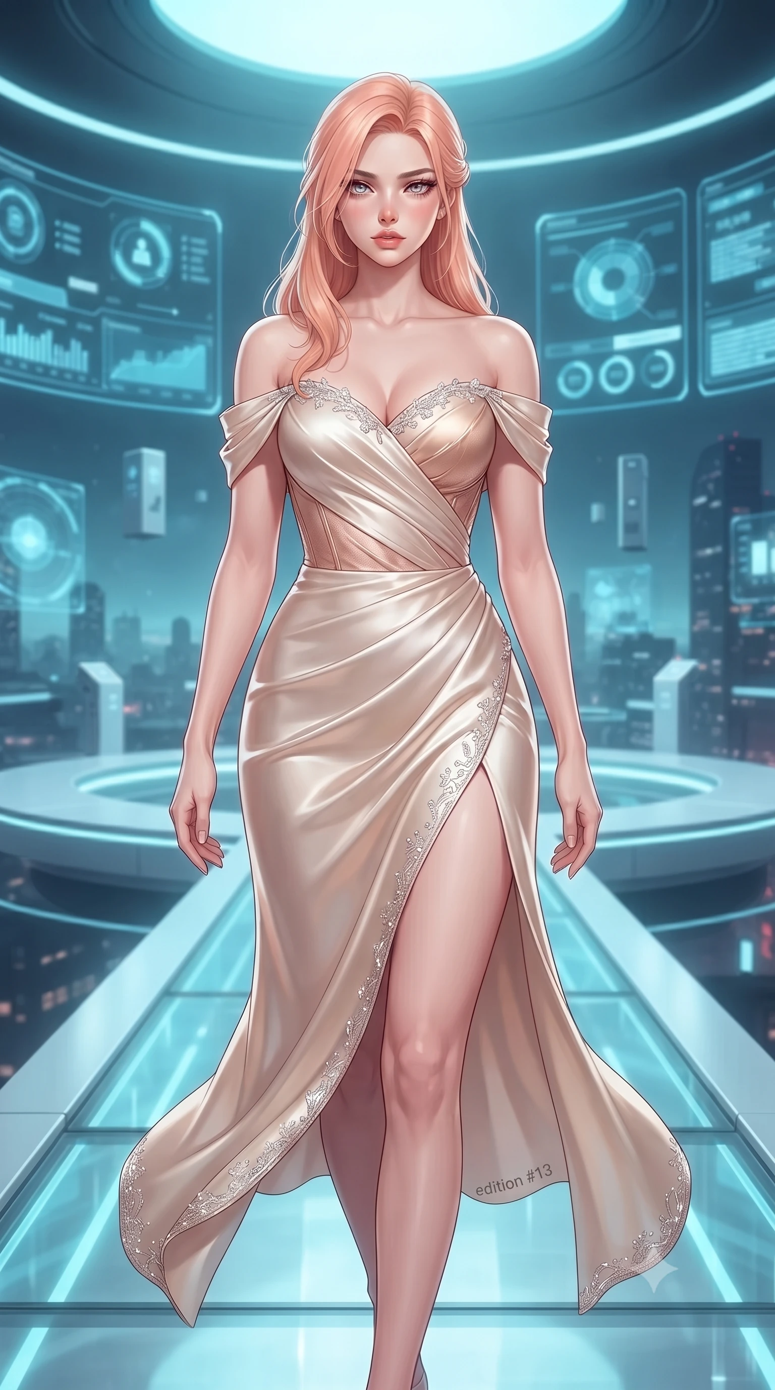 score_9, masterpiece, best quality, ultra-detailed, high-budget anime keyframe, editorial fashion photography, tasteful artistic composition, Japanese woman. close-up cowboy shot from the waist and thighs up, the character dominates the composition, filling the frame with her large presence. holding her hands loosely in front with regal, aristocratic poise, radiating an overwhelming high-society aura while striding across the luminous glass walkway with silent tactical footsteps and authoritative commander presence. The composition keeps background elements in soft focus with creamy bokeh. curved holographic data interfaces and floating server pylons softened in sleek shallow depth of field. She has an exceptionally elegant, slender, and willowy female figure with an ultra-slim waist, a gracefully sculpted slender torso, toned flat midriff, and a refined slim silhouette. sharp v-shaped jawline, high-bridge nose, intricate jewel-like eyes with depth, thick eyelashes, glossy lips with a natural sheen, captivating and magnetic expression, flawlessly proportioned anatomical accuracy, strict slender model proportions, natural body alignment, perfectly sculpted long slender limbs, ultra-slim waistline, clean dynamic posture without body distortion. wearing a statuesque off-shoulder champagne satin gala dress featuring a thigh-high side slit and draped corset bodice in champagne ivory and rose gold, tailored from ultra-smooth duchess satin with a pearlescent sheen, finished with delicate crystal embroidery along the neckline and hem edition #13, the breezy yet form-flattering drape swaying gracefully with her steps, accentuating her long willowy limbs and slim waistline. bathed in ambient cyan and ice-blue holographic screen glow combined with midnight city skylight. ultra-reflective glossy finish, specular highlights, rich textural contrasts, high-contrast stereoscopic depth, volumetric dynamic lighting, 2k, ultra detail, master piece, 9:16 ratio