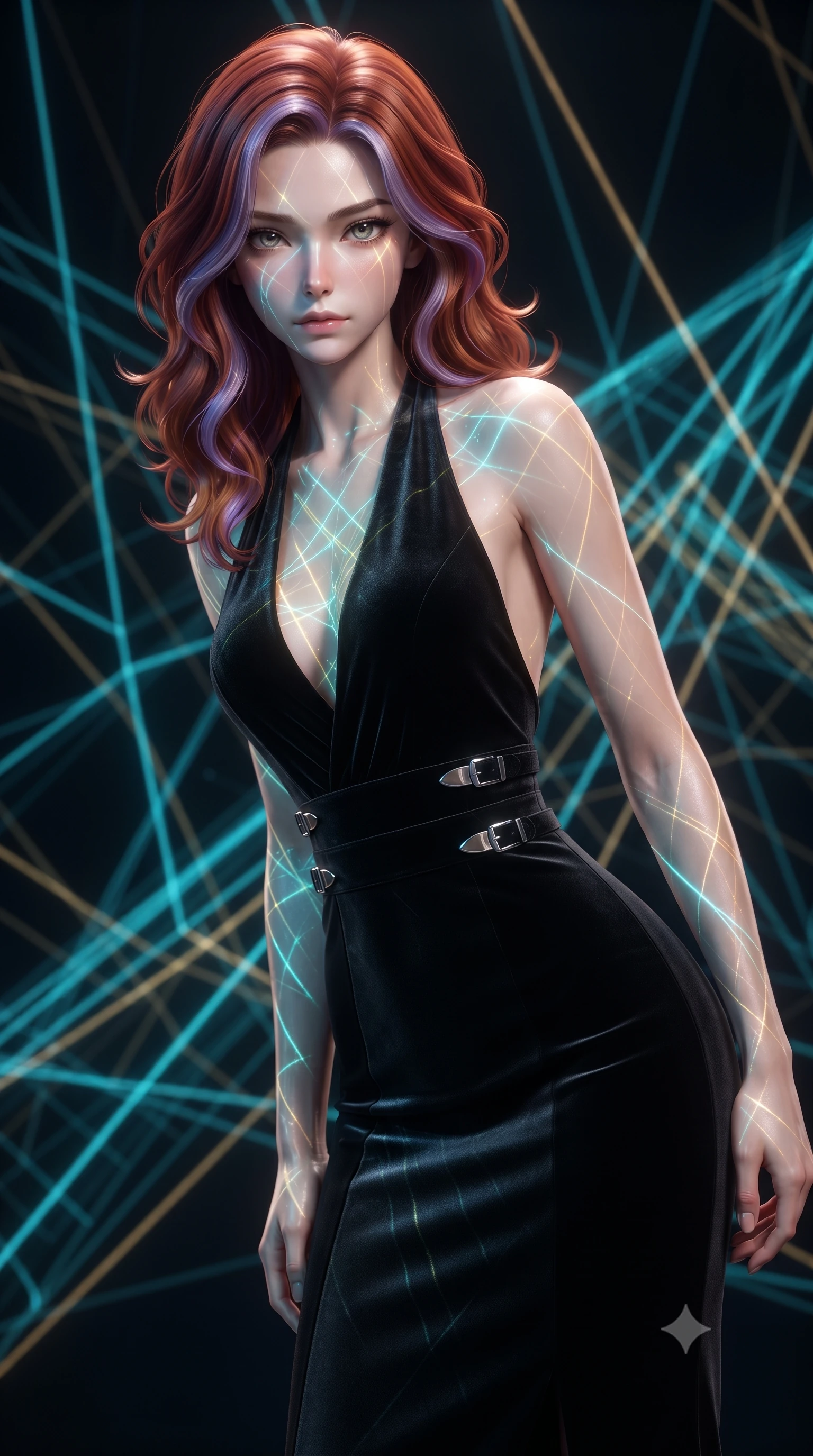 score_9, masterpiece, best quality, ultra-detailed, high-budget anime keyframe, editorial fashion photography, tasteful artistic composition, Caucasian woman. close-up cowboy shot from the waist and thighs up, the character dominates the composition, filling the frame with her large presence, background elements kept in soft focus. Leaning slightly forward with a composed, seductive gaze under soft glowing light standing in a dark void woven with thousands of cyan and gold light threads, intricate geometric lattice patterns of light projected onto her skin. She has an exceptionally elegant, slender, and willowy female figure with an ultra-slim waist, a gracefully sculpted slender torso, and a refined silhouette. sharp v-shaped jawline, high-bridge nose, intricate jewel-like eyes with depth, thick eyelashes, glossy lips with a natural sheen. wearing a velvet halter-neck midi dress following her form like a glove in matte black and polished silver, made of fine carbon-fiber weave and soft matte leather, detailed with polished silver buckles along the waistline, the elegant draped fit framing her graceful clavicle and slender torso. illuminated by the brilliant glow of cyan and gold luminescent threads. highly saturated vibrant anime colors, detailed shading with soft gradients, rich glossy textures, high-contrast stereoscopic depth, volumetric dynamic lighting, master piece, 9:16 ratio