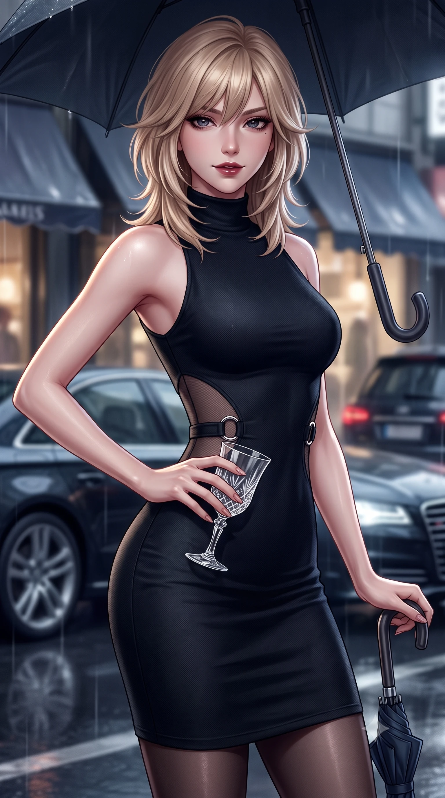 score_9, masterpiece, best quality, ultra-detailed, high-budget anime keyframe, semi-realistic 3D game render, editorial fashion photography, tasteful artistic composition, Japanese woman. close-up cowboy shot from the waist and thighs up, the character dominates the composition, filling the frame with her large presence. twisting her slender torso in an alluring contrapposto stance, one hand resting on her sculpted hip while holding a crystal glass with effortless poise while resting one hand on the umbrella handle while turning in an alluring contrapposto stance, her smoldering bedroom-eyes holding the lens with magnetic intensity. The composition keeps background elements in soft focus with dreamy creamy bokeh. passing dark luxury sedans and glossy storefront awnings softened in moody Tokyo noir shallow focus. She has an exceptionally elegant, slender, and willowy female figure with an ultra-slim waist, flat toned midriff, narrow ribcage, and sculpted feminine hips creating an alluring, slim hourglass silhouette without bulk. sharp v-shaped jawline, high-bridge nose, intricate jewel-like dark sparkling eyes with dangerous depth, thick curled eyelashes, glossy parted lips with a rich wine sheen, smoldering seductive half-smile with bedroom-eyes, exuding effortless superiority and intoxicating dark allure, flawlessly proportioned anatomical accuracy, strict slender model proportions, natural body alignment, perfectly sculpted long slender limbs, ultra-slim waistline, clean dynamic posture without body distortion. wearing a high-neck sleeveless bodycon dress in textured matte obsidian with side-torso semi-sheer mesh inserts in pure obsidian monochrome with subtle metallic sheen, tailored from fine lightweight midnight wool crepe with crisp architectural structure, accented with sculptural chrome hardware rings framing the subtle cutouts, the glove-like silhouette tightly following the natural contour of her hips and long slender legs with youthful 8.5-heads elegance. illuminated by wet ground specular reflections accentuating her sculpted collarbones, ultra-slim waist, and curvy hips. highly saturated vibrant anime colors, detailed shading with soft gradients, rich glossy textures, high-contrast stereoscopic depth, volumetric dynamic lighting, master piece, 9:16 ratio