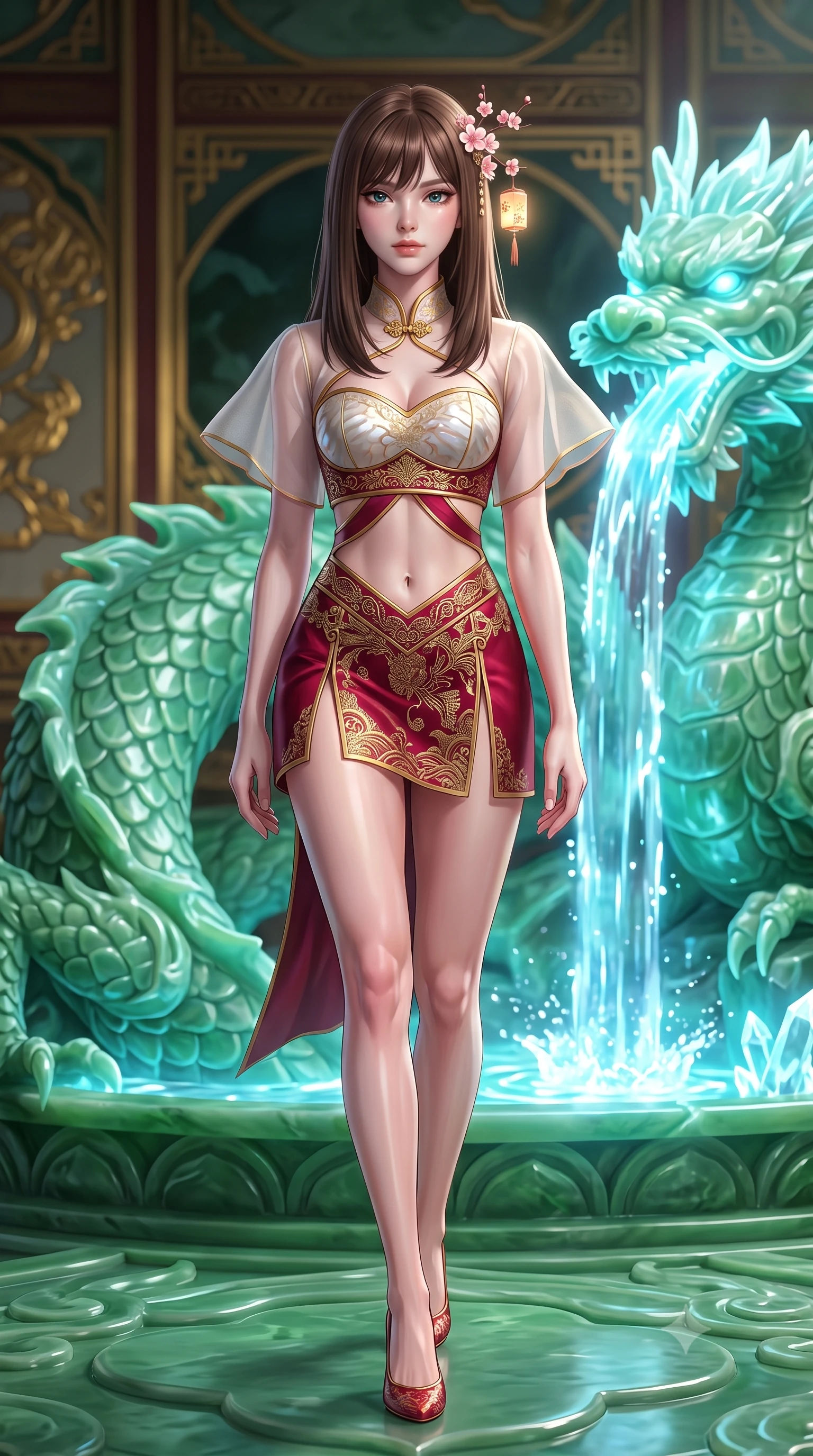score_9, masterpiece, best quality, ultra-detailed, high-budget anime keyframe, semi-realistic 3D game render, editorial fashion photography, tasteful artistic composition, Korean woman. low angle full-body shot from head to toe showing her feet, filling the entire 9:16 vertical frame with her statuesque presence, stretching her vertical silhouette. stepping forward gracefully in mid-motion, displaying her toned flat midriff and flawlessly sculpted slender limbs while standing poised on a sculpted jade terrace beside a glowing crystalline dragon spring where bioluminescent water cascades. The surrounding environment is rendered in vivid detail and crisp panoramic clarity. sharp carved jade dragon scale textures, crystalline water splash crests, and gold palace inlay in deep focus. She has an absolutely perfect, statuesque 8.5-heads proportion, an exceptionally tall and slender model-like female figure with impossibly long slender legs, a toned flat midriff, and an ultra-slim waist. sharp v-shaped jawline, high-bridge nose, intricate jewel-like eyes with depth, thick eyelashes, glossy lips with a natural sheen, captivating and magnetic expression, flawlessly proportioned anatomical accuracy, strict slender model proportions, natural body alignment, perfectly sculpted long slender limbs, ultra-slim waistline, clean dynamic posture without body distortion. wearing a modern fusion silk hanbok dress with sheer organza butterfly sleeves and a structured mother-of-pearl bodice in imperial gold and deep crimson silk, woven from fine mulberry silk with metallic thread embroidery, accessorized with delicate cherry blossom hairpins and glowing paper lantern charms, the precision-cut daring openings accentuating her delicate midriff, graceful bare collarbones, and ultra-slim feminine waistline. surrounded by a royal, mythical, and deeply revered dragon palace guardian princess aura. highly saturated vibrant anime colors, detailed shading with soft gradients, rich glossy textures, high-contrast stereoscopic depth, volumetric dynamic lighting, master piece, 9:16 ratio