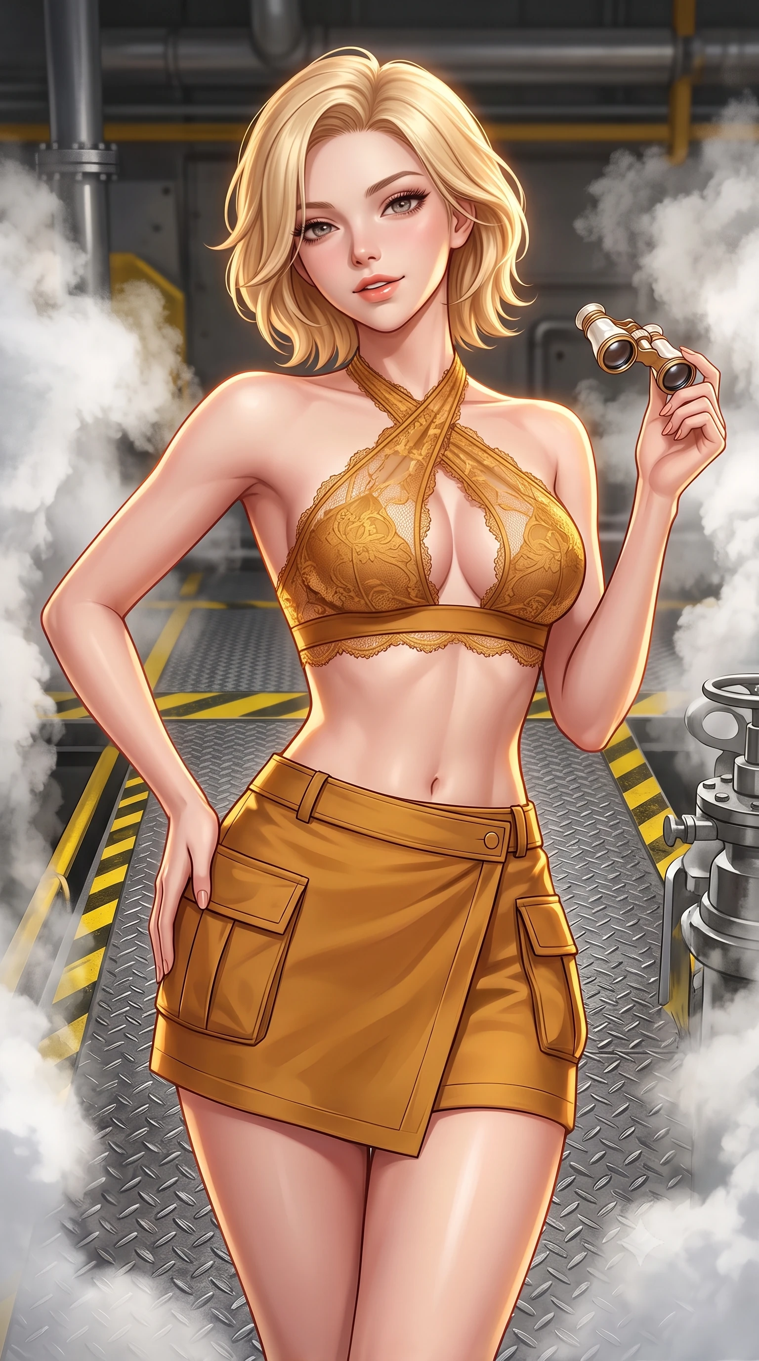 score_9, masterpiece, best quality, ultra-detailed, high-budget anime keyframe, semi-realistic 3D game render, editorial fashion photography, tasteful artistic composition, Caucasian woman. close-up cowboy shot from the waist and thighs up, the character dominates the composition, filling the frame with her large presence. tilting her head with a teasing half-smile, running one hand slowly down the side of her hip in a flirtatious S-curve as ambient light caresses her silhouette while twisting her slender torso in an alluring S-curve, high-pressure steam plumes framing her form-fitting tactical suit and curvy hips. The surrounding environment is rendered in vivid detail and crisp panoramic clarity: sharp steel diamond-plate grating texture, safety yellow warning stripes, and pressurized steam valve clarity in deep focus. She has an exceptionally elegant, slender, and willowy female figure with an ultra-slim waist, flat toned midriff, narrow ribcage, and sculpted feminine hips creating an alluring, slim hourglass silhouette without bulk. sharp v-shaped jawline, high-bridge nose, sparkling eyes with hypnotic seductive depth, thick curled eyelashes, glossy parted lips with a natural dewy peach sheen, alluring bedroom-eyes with an enchanting coquettish smile, exuding magnetic siren charisma and sophisticated glamour, flawlessly proportioned anatomical accuracy, strict slender model proportions, natural body alignment, perfectly sculpted long slender limbs, ultra-slim waistline, clean dynamic posture without body distortion. wearing a high-waisted tactical wrap mini skirt with dual utility pockets paired with a plunging criss-cross halter sports top in warm amber honey and antique gold leaf, made of delicate semi-sheer French Chantilly lace with intricate eyelash edges, accented with an antique mother-of-pearl opera glass held casually in one hand, the second-skin tailored fabric adhering flawlessly to her sculpted flat midriff and slender torso, emphasizing her long leg lines and perfectly proportioned willowy build. illuminated by steel grating reflection fill and sharp amber-gold rim lighting defining her jawline, ultra-slim waist, and curvy hips. highly saturated vibrant anime colors, detailed shading with soft gradients, rich glossy textures, high-contrast stereoscopic depth, volumetric dynamic lighting, master piece, 9:16 ratio