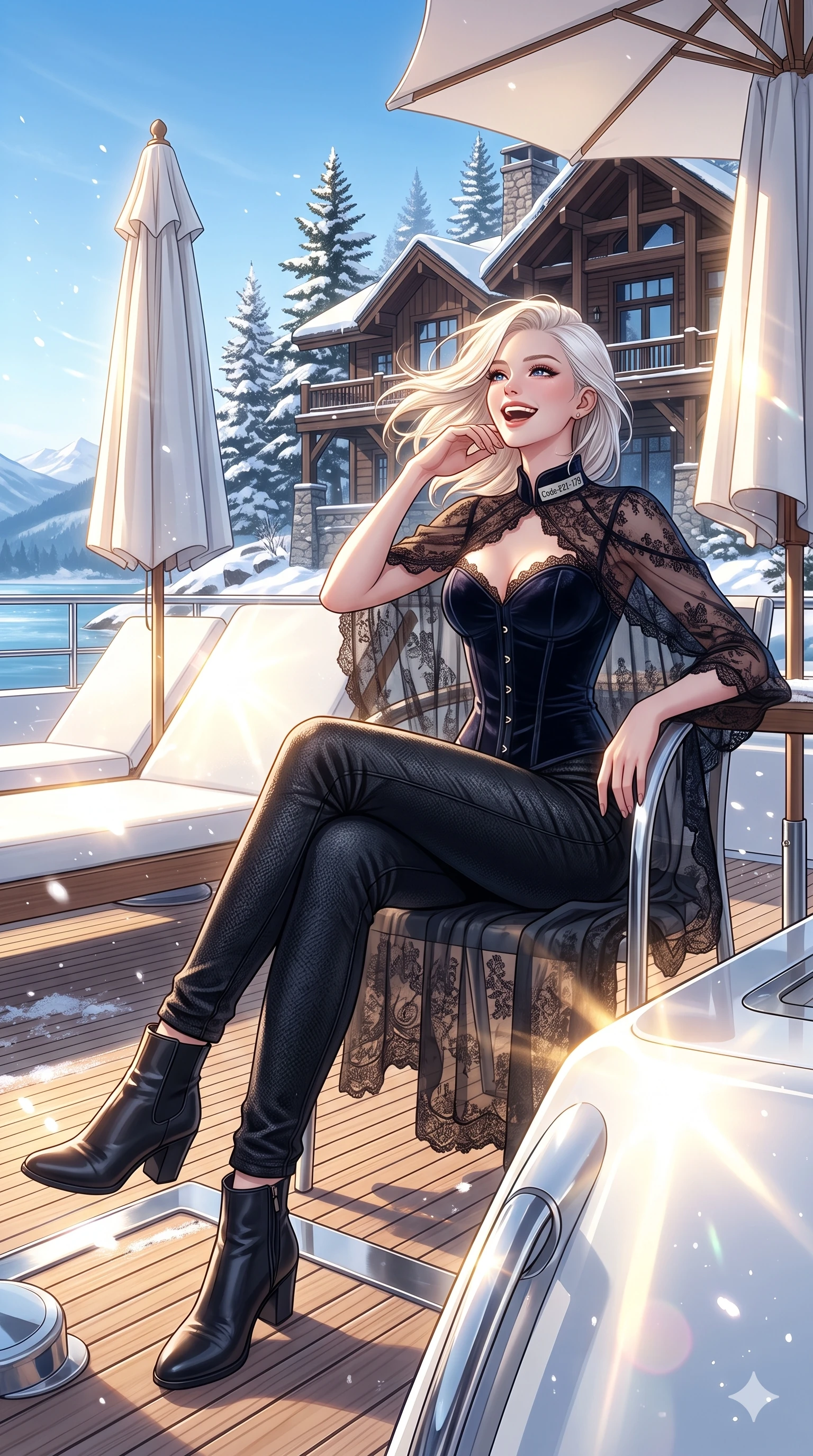 score_9, masterpiece, best quality, ultra-detailed, high-budget anime keyframe, vibrant anime aesthetic, Caucasian woman, strictly human ears. cowboy shot from the thighs up, character and outfit filling the frame for maximum presence. She is sitting by the resort lodge, laughing wind-swept and happy in the morning winter rays on a luxury yacht sun-deck with winter morning breeze (Code-P21-179). She has an absolutely perfect 8-heads proportion, an exceptionally tall and slender female figure with impossibly long slender legs and an ultra-slim waist. V-shaped jawline, high-bridge nose, intricate jewel-like eyes with depth, thick eyelashes, glossy lips with a natural sheen. wearing a dark velvet corset combined with a sheer lace cape in winter. She is surrounded by bright sunbeams reflecting off white umbrellas, creating a luminous winter glow. 2k, ultra detail, master piece, 9:16 ratio