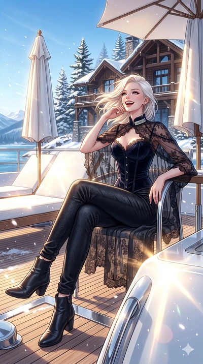 score_9, masterpiece, best quality, ultra-detailed, high-budget anime keyframe, vibrant anime aesthetic, Caucasian woman, strictly human ears. cowboy shot from the thighs up, character and outfit filling the frame for maximum presence. She is sitting