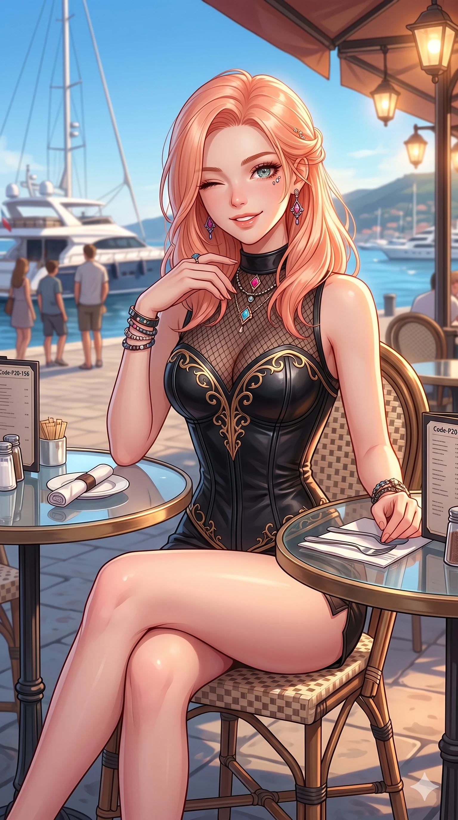 score_9, masterpiece, best quality, ultra-detailed, high-budget anime keyframe, vibrant anime aesthetic, Japanese woman. cowboy shot from the thighs up, character and outfit filling the frame for maximum presence. She is sitting by a glass table, winking and smiling cheerfully at the camera by a harbor promenade under blue sky (Code-P20-156). She has an absolutely perfect 8-heads proportion, an exceptionally tall and slender female figure with impossibly long slender legs and an ultra-slim waist. V-shaped jawline, high-bridge nose, intricate jewel-like eyes with depth, thick eyelashes, glossy lips with a natural sheen. wearing a leather corset with sweetheart neckline revealing cleavage. She is soft golden twilight glow mixed with warm boutique lights, tracing her eyelashes. 2k, ultra detail, master piece, 9:16 ratio