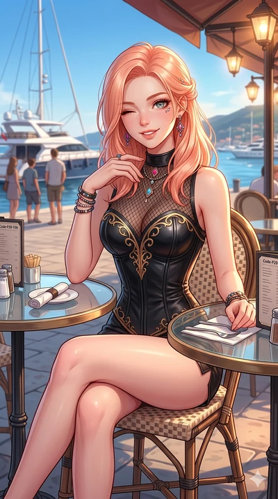 score_9, masterpiece, best quality, ultra-detailed, high-budget anime keyframe, vibrant anime aesthetic, Japanese woman. cowboy shot from the thighs up, character and outfit filling the frame for maximum presence. She is sitting by a glass table, win