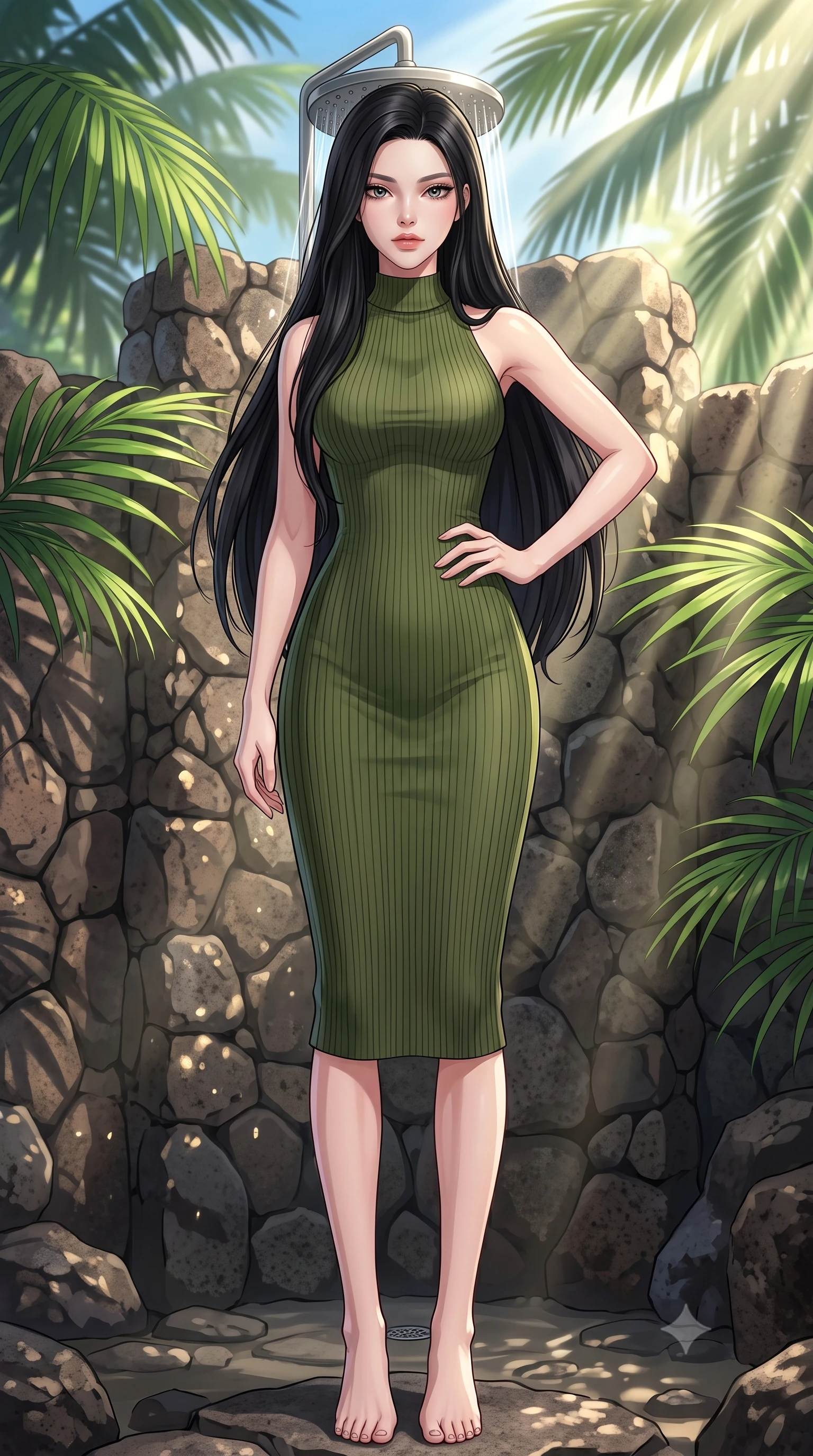 score_9, masterpiece, best quality, ultra-detailed, high-budget anime keyframe, tasteful artistic composition, Korean woman. low angle full-body shot from head to toe showing her feet, filling the entire 9:16 vertical frame with her statuesque presence, stretching her vertical silhouette. posing confidently with one hand on her hip, stretching her statuesque body to emphasize her curves the background shows a soft-focus a tropical outdoor villa shower built of volcanic rocks, surrounded by large palm leaves. She has an absolutely perfect, statuesque 8.5-heads proportion, an exceptionally tall and slender model-like female figure with impossibly long slender legs and an ultra-slim waist. sharp v-shaped jawline, high-bridge nose, intricate jewel-like eyes with depth, thick eyelashes, glossy lips with a natural sheen. wearing a body-hugging form-contouring ribbed knit bodycon midi dress in olive green, tracing her slender silhouette with a high neck. sun rays slicing through the palm fronds, creating dramatic volumetric shafts of light. highly saturated vibrant anime colors, cel-shading, 2d style, master piece, 9:16 ratio