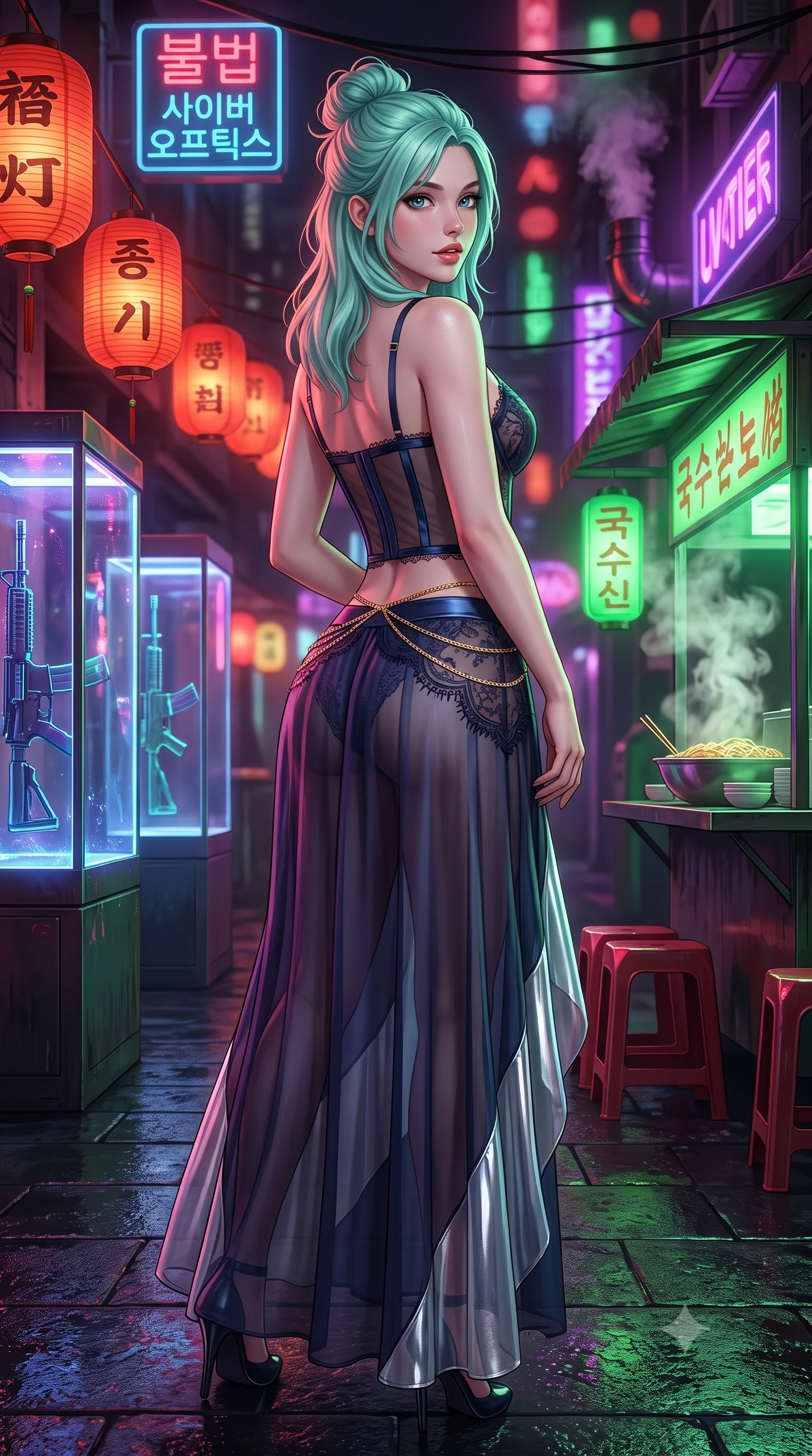 score_9, masterpiece, best quality, ultra-detailed, high-budget anime keyframe, semi-realistic 3D game render, editorial fashion photography, tasteful artistic composition, Japanese woman. close-up cowboy shot from the waist and thighs up, the character dominates the composition, filling the frame with her large presence. posing in an alluring rear three-quarter angle, looking over a bare shoulder with parted glossy lips, her hips cocked back to highlight her slim hourglass curve while standing poised on the wet cobblestones between glowing holographic weapon display cases, arching her spine with seductive combat poise as aromatic noodle steam rises. The background shows a soft-focus glowing neon signs for illegal cyber-optics, paper lanterns retrofitted with LEDs, and dense steam vents blurred into ruby, emerald, and violet bokeh. She has an exceptionally elegant, slender, and willowy female figure with an ultra-slim waist, flat toned midriff, narrow ribcage, and sculpted feminine hips creating an alluring, slim hourglass silhouette without bulk. sharp v-shaped jawline, high-bridge nose, intricate jewel-like sparkling eyes with depth, thick eyelashes, glossy parted lips with a natural peach sheen, bright cheerful beaming smile with an enchanting and coquettish sensual glint, exuding both youthful cute charm and seductive allure, flawlessly proportioned anatomical accuracy, strict slender model proportions, natural body alignment, perfectly sculpted long slender limbs, ultra-slim waistline, clean dynamic posture without body distortion. wearing a provocative translucent mesh corset bodice with boned satin channels paired with a sheer chiffon wrap maxi skirt in midnight carbon navy and polished chrome, made of delicate semi-sheer French Chantilly lace with intricate eyelash edges, accented with a dainty gold belly chain resting across her flat midriff and curving hips, the liquid-tight tailored fabric clinging flawlessly to her narrow waist and rounded feminine hips, emphasizing every millimeter of her sculpted slim hourglass curves without any bulky heaviness. bathed in warm 2200K crimson lantern light combined with vibrant green and ultraviolet market stall tube lights. highly saturated vibrant anime colors, detailed shading with soft gradients, rich glossy textures, high-contrast stereoscopic depth, volumetric dynamic lighting, master piece, 9:16 ratio