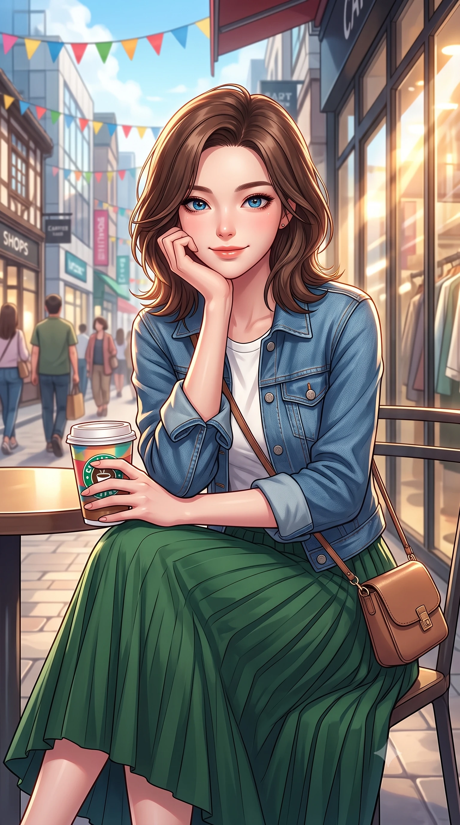 score_9, masterpiece, best quality, ultra-detailed, high-budget anime keyframe, editorial fashion photography, tasteful artistic composition, Korean woman. close-up cowboy shot from the waist and thighs up, the character dominates the composition, filling the frame with her large presence, background elements kept in soft focus. smiling cutely while resting her chin on her hand, looking directly into the lens set against a soft-focus background of walking down a pedestrian shopping boulevard with colorful flags overhead holding a trendy paper cup of iced coffee and a small leather purse. She has an exceptionally elegant, slender, and willowy female figure with an ultra-slim waist, a gracefully sculpted slender torso, and a refined silhouette. sharp v-shaped jawline, high-bridge nose, intricate jewel-like eyes with depth, thick eyelashes, glossy lips with a natural sheen. wearing body-hugging casual denim jacket worn over a simple white tee and a long cotton skirt. bright afternoon sunbeams creating sharp reflections on the glass shop windows. highly saturated vibrant anime colors, detailed shading with soft gradients, rich glossy textures, high-contrast stereoscopic depth, volumetric dynamic lighting, master piece, 9:16 ratio