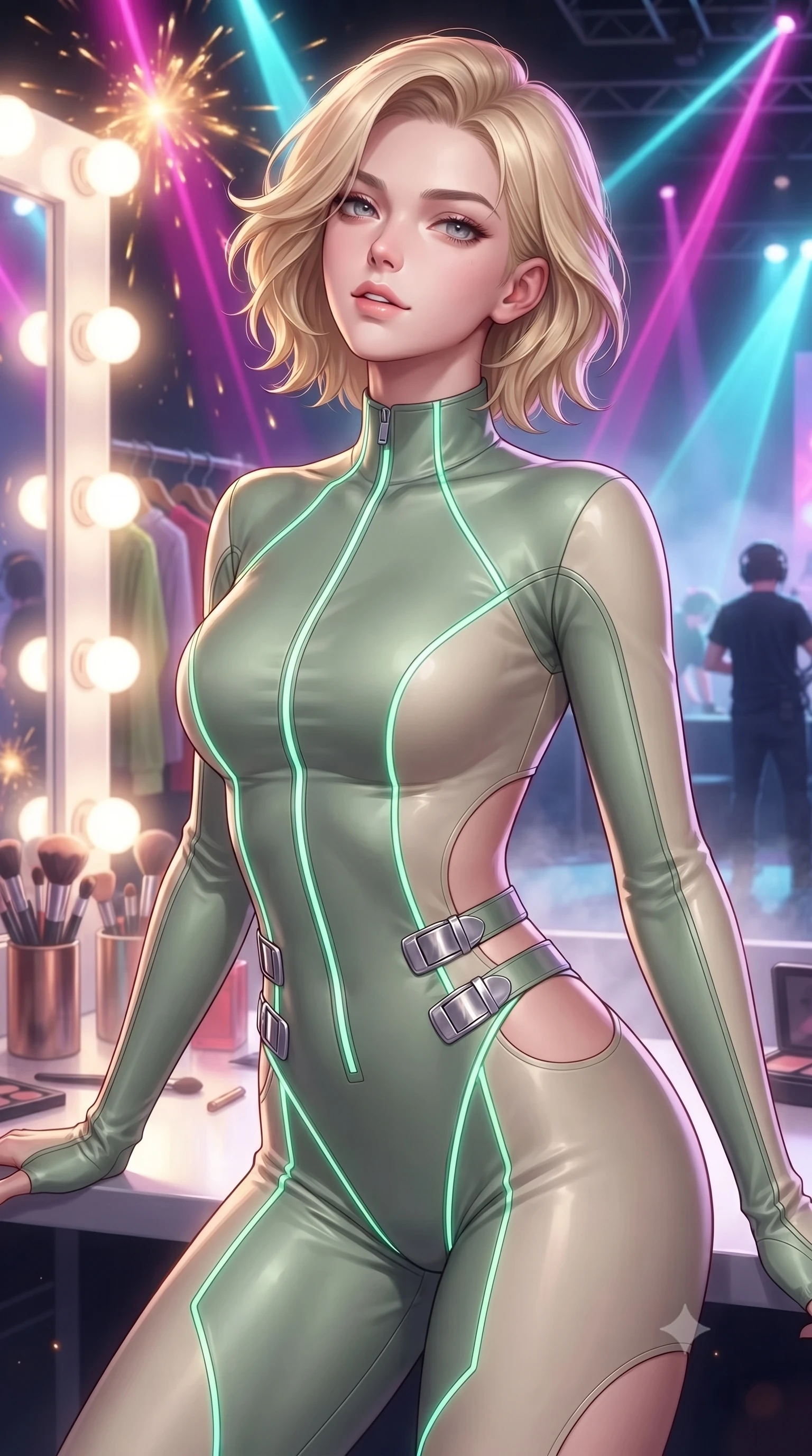 score_9, masterpiece, best quality, ultra-detailed, high-budget anime keyframe, editorial fashion photography, tasteful artistic composition, Caucasian woman. close-up cowboy shot from the waist and thighs up, the character dominates the composition, filling the frame with her large presence, background elements kept in soft focus. Tilting her chin up slightly with lips parted in a magnetic, composed expression resting backstage near a glowing mirror vanity filled with stage lights, intense volumetric laser beams cutting through stage fog in magenta and cyan. She has an exceptionally elegant, slender, and willowy female figure with an ultra-slim waist, a gracefully sculpted slender torso, and a refined silhouette. sharp v-shaped jawline, high-bridge nose, intricate jewel-like eyes with depth, thick eyelashes, glossy lips with a natural sheen. wearing a skin-tight cybernetic bodysuit with glowing neon seams and side cutouts in sage green and oatmeal, crafted from smooth liquid silk, detailed with polished silver buckles along the waistline, the glove-like fit emphasizing her statuesque silhouette. illuminated by golden spark explosions and high-contrast concert lighting. highly saturated vibrant anime colors, detailed shading with soft gradients, rich glossy textures, high-contrast stereoscopic depth, volumetric dynamic lighting, master piece, 9:16 ratio
