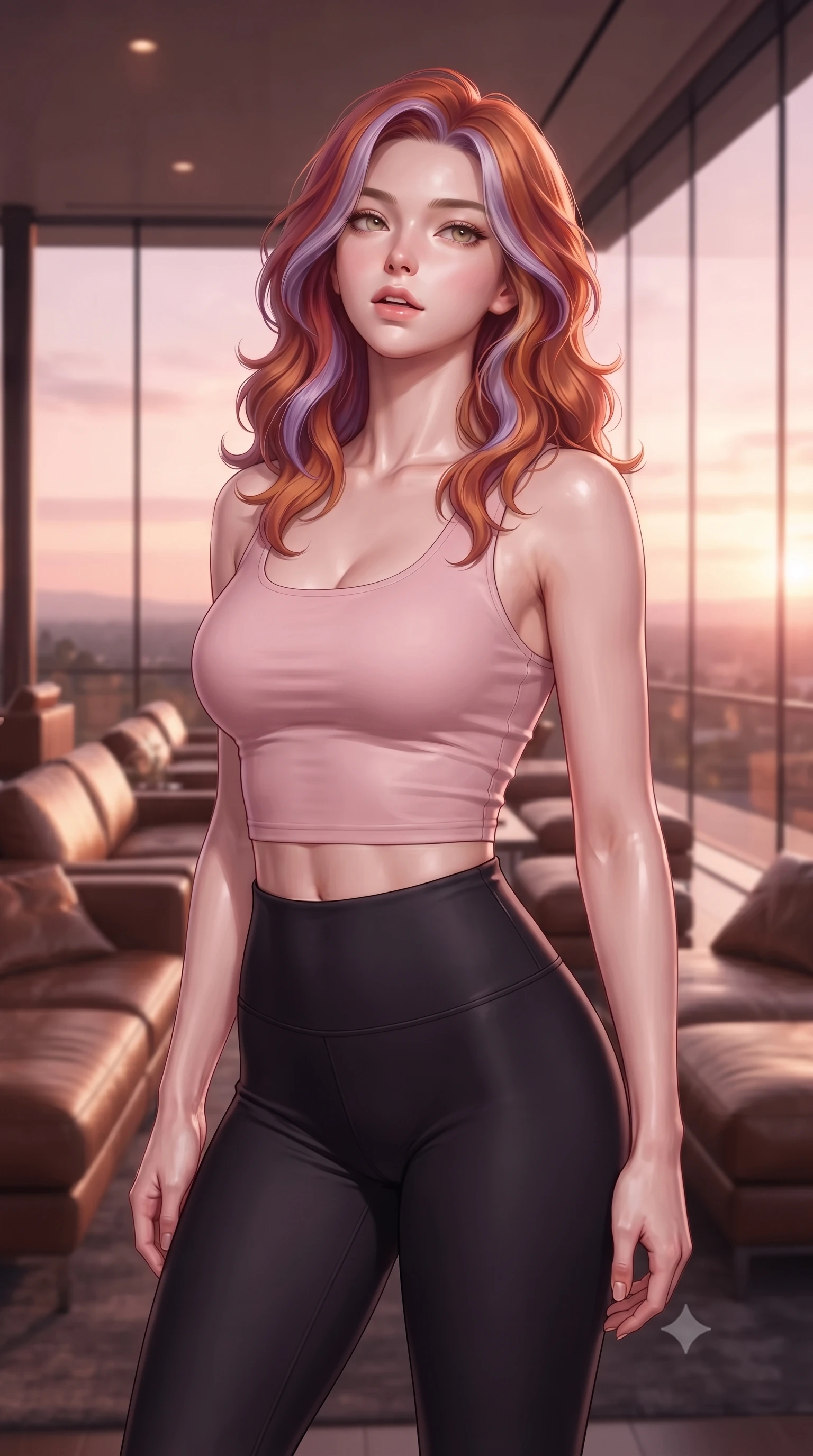 score_9, masterpiece, best quality, ultra-detailed, high-budget anime keyframe, editorial fashion photography, tasteful artistic composition, Caucasian woman. close-up cowboy shot from the waist and thighs up, the character dominates the composition, filling the frame with her large presence, background elements kept in soft focus. tilting her chin up slightly with lips parted in a composed, provocative expression the background shows a soft-focus a panoramic rail observation deck with comfortable leather lounge seats. She has an exceptionally elegant, slender, and willowy female figure with an ultra-slim waist, a gracefully sculpted slender torso, and a refined silhouette. sharp v-shaped jawline, high-bridge nose, intricate jewel-like eyes with depth, thick eyelashes, glossy lips with a natural sheen. wearing a tailored body-hugging light pink crop tank top paired with high-waisted tight-fitting leggings. soft pink and amber sunset glow painting the cabin in a romantic wash. ultra-reflective glossy finish, specular highlights, metallic sheen, high-contrast stereoscopic depth, volumetric dynamic lighting, 2k, ultra detail, master piece, 9:16 ratio