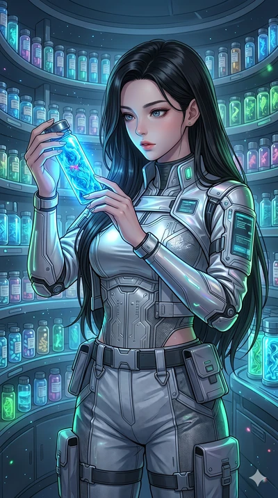 score_9, masterpiece, best quality, ultra-detailed, high-budget anime keyframe, Korean woman. Upper body close-up from the thighs up, character filling the screen for maximum presence. Inside a high-tech pharmacy filled with glowing vials, examining 