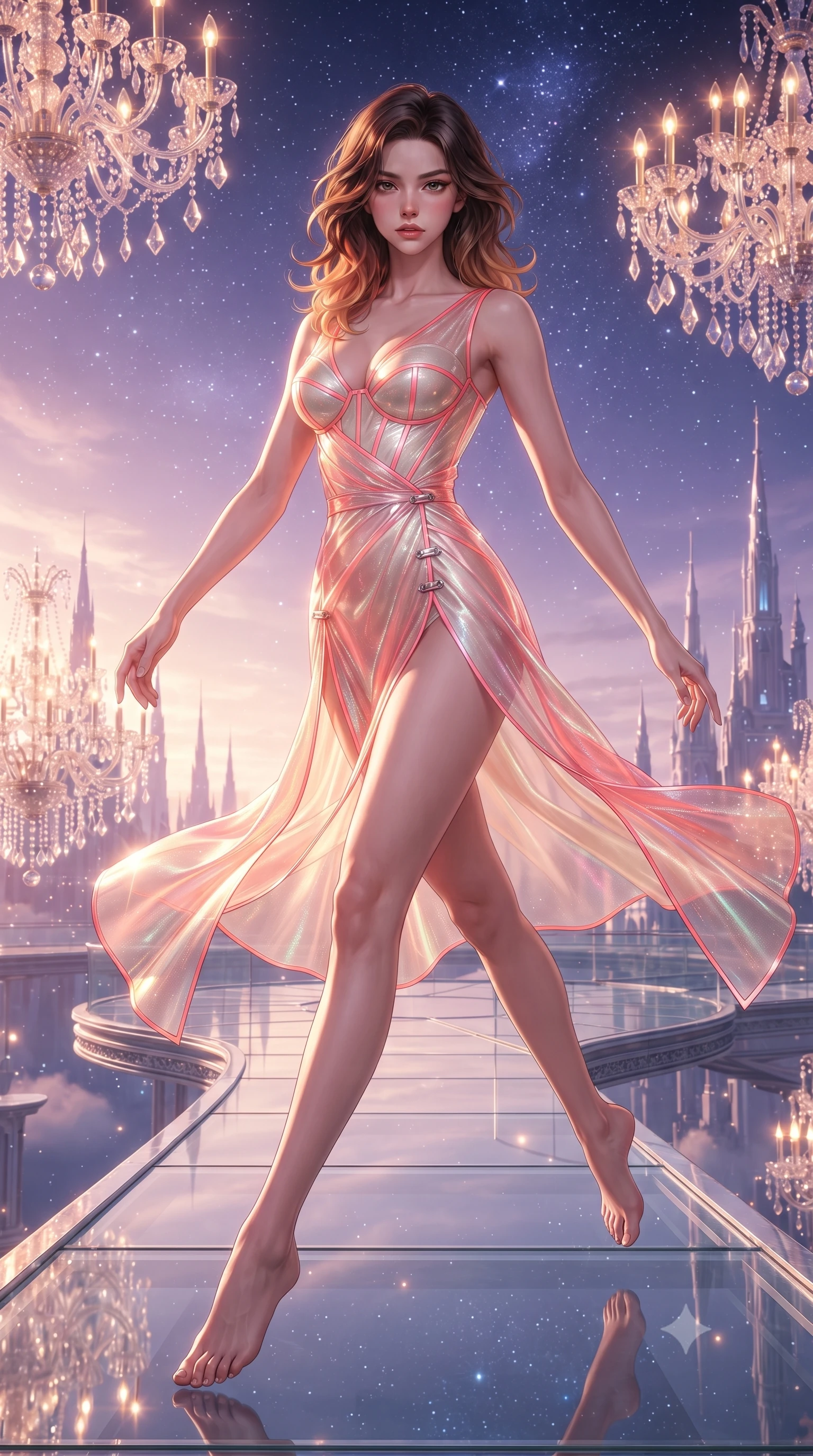 score_9, masterpiece, best quality, ultra-detailed, high-budget anime keyframe, editorial fashion photography, tasteful artistic composition, Korean woman. low angle full-body shot from head to toe showing her feet, filling the entire 9:16 vertical frame with her statuesque presence, stretching her vertical silhouette. performing an alluring mid-air vault with flawless poise, looking directly into the camera with smoldering intensity while stepping along a floating glass promenade connecting celestial towers under a violet starlit sky. The surrounding environment is rendered in vivid detail and crisp panoramic clarity. intricate crystal chandelier prisms, distant celestial palace spires, and twilight sky stars in high clarity. She has an absolutely perfect, statuesque 8.5-heads proportion, an exceptionally tall and slender model-like female figure with impossibly long slender legs, a toned flat midriff, and an ultra-slim waist. sharp v-shaped jawline, high-bridge nose, intricate jewel-like eyes with depth, thick eyelashes, glossy lips with a natural sheen, flawlessly proportioned anatomical accuracy, strict slender model proportions, natural body alignment, perfectly sculpted long slender limbs, ultra-slim waistline, clean dynamic posture without body distortion. wearing a translucent iridescent organza wrap dress with structured bustier boning, plunging neckline, and high-cut dual leg slits in radiant coral pink and champagne ivory, tailored from semi-translucent cybernetic vinyl with glowing micro-filaments, finished with an ultra-high side slit secured by miniature magnetic clasps, the glove-like aerodynamic second-skin fit tightly clinging to her ultra-slender waist and athletic curves without adding bulk, accentuating her razor-sharp statuesque lines and slim hourglass silhouette. bathed in glorious golden-pink twilight sunbeams and warm chandelier candlelight glow. ultra-reflective glossy finish, specular highlights, metallic sheen, high-contrast stereoscopic depth, volumetric dynamic lighting, 2k, ultra detail, master piece, 9:16 ratio