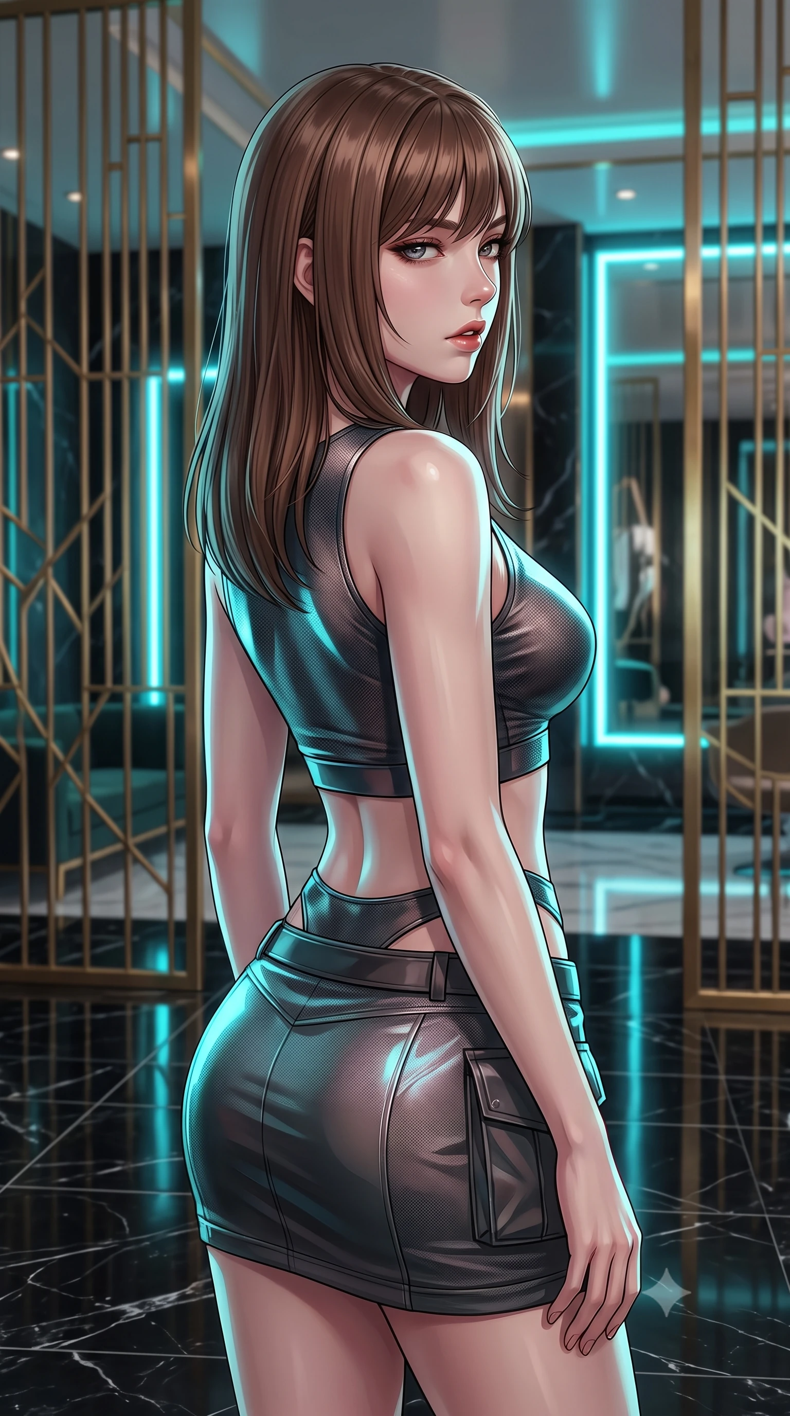 score_9, masterpiece, best quality, ultra-detailed, high-budget anime keyframe, editorial fashion photography, tasteful artistic composition, Korean woman. close-up cowboy shot from the waist and thighs up, the character dominates the composition, filling the frame with her large presence, background elements kept in soft focus. turning her face in profile to look over her shoulder, casting a smoldering side gaze with lips slightly parted, the background shows a soft-focus a solarium lobby with geometric brass screens and black marble floors. She has an exceptionally elegant, slender, and willowy female figure with an ultra-slim waist, a gracefully sculpted slender torso, and a refined silhouette. sharp v-shaped jawline, high-bridge nose, intricate jewel-like eyes with depth, thick eyelashes, glossy lips with a natural sheen. wearing a body-hugging modern carbon-alloy crop top paired with a low-rise tactical skirt and a subtle waist cut-out. neon cyan lights refracting off mirrors and her glossy outfit surface. highly saturated vibrant anime colors, detailed shading with soft gradients, rich glossy textures, high-contrast stereoscopic depth, volumetric dynamic lighting, master piece, 9:16 ratio