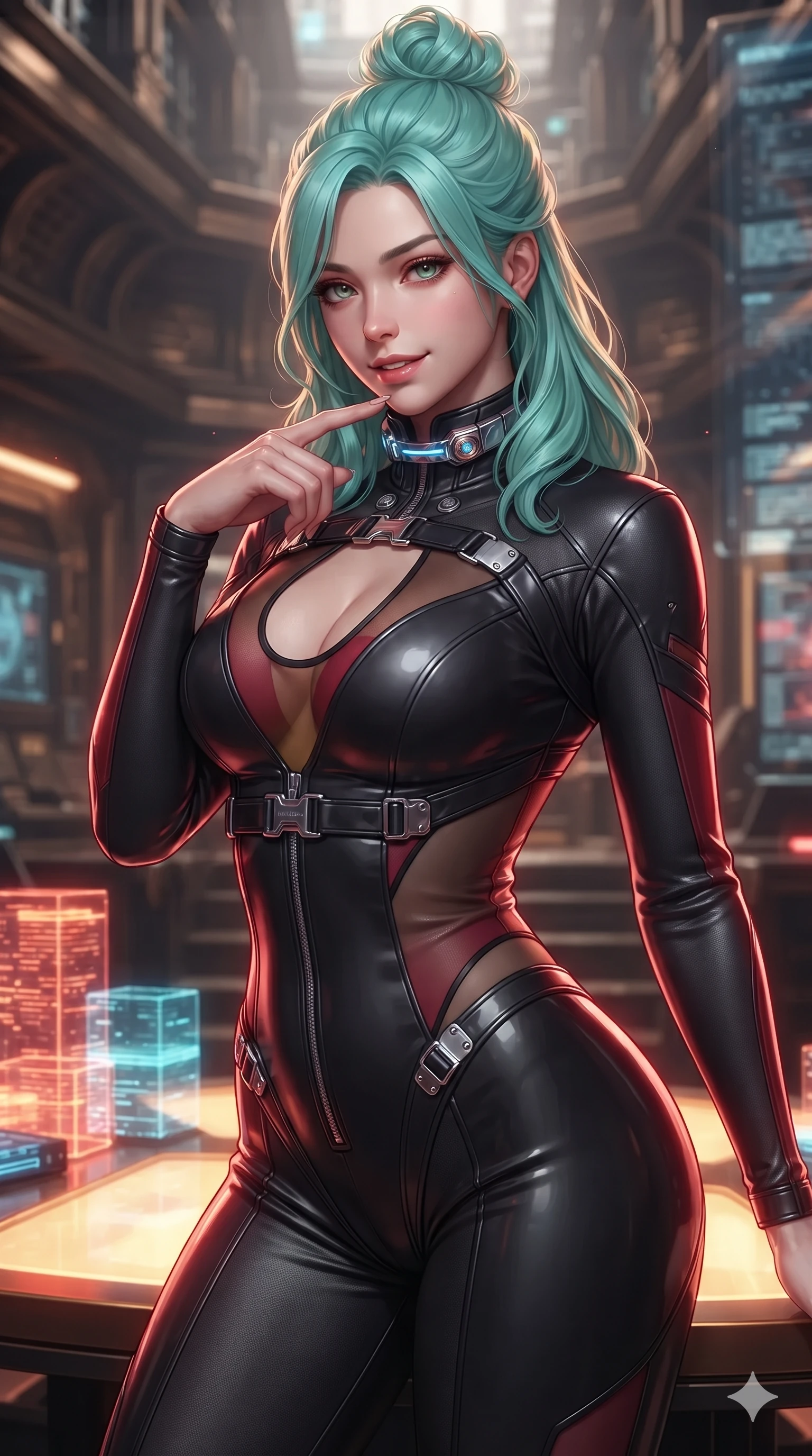 score_9, masterpiece, best quality, ultra-detailed, high-budget anime keyframe, editorial fashion photography, tasteful artistic composition, Japanese woman. close-up cowboy shot from the waist and thighs up, the character dominates the composition, filling the frame with her large presence. tilting her head with a teasing half-smile, running one finger slowly along her glowing comm-link collar in a flirtatious gesture while twisting her slender torso in an alluring contrapposto, glowing holographic chip stacks and scarlet neon tube reflections tracing her narrow waist and curvy hips. The surrounding environment is rendered in vivid detail and crisp panoramic clarity: detailed velvet dress tailoring, fine mesh waist cutouts, and opulent neo-cyberpunk interior design in razor-sharp precision. She has an exceptionally elegant, slender, and willowy female figure with an ultra-slim waist, flat toned midriff, narrow ribcage, and sculpted feminine hips creating an alluring, slim hourglass silhouette without bulk. sharp v-shaped jawline, high-bridge nose, intricate jewel-like sparkling eyes with depth, thick eyelashes, glossy parted lips with a natural sheen, bright confident smile with an enchanting and coquettish sensual glint, exuding both youthful magnetic charm and sovereign high-tech allure, flawlessly proportioned anatomical accuracy, strict slender model proportions, natural body alignment, perfectly sculpted long slender limbs, ultra-slim waistline, clean dynamic posture without body distortion. wearing a sleeveless high-collar cyber pilot suit in liquid-look obsidian jersey with strategic sheer ventilation panels in relativistic crimson and blazing accretion gold, made of flexible bullet-resistant ballistic microfiber with high-tensile strength, finished with polished chrome buckle hardware and modular magnetic holster clasps, the glove-like clinging cut tightly following the natural contour of her hips and long slender legs with youthful 8.5-heads elegance. illuminated by glowing table surfaces and sharp scarlet rim lights carving her sculpted collarbones, ultra-slim waist, and curvy hips. ultra-reflective glossy finish, specular highlights, rich textural contrasts, high-contrast stereoscopic depth, volumetric dynamic lighting, 2k, ultra detail, master piece, 9:16 ratio