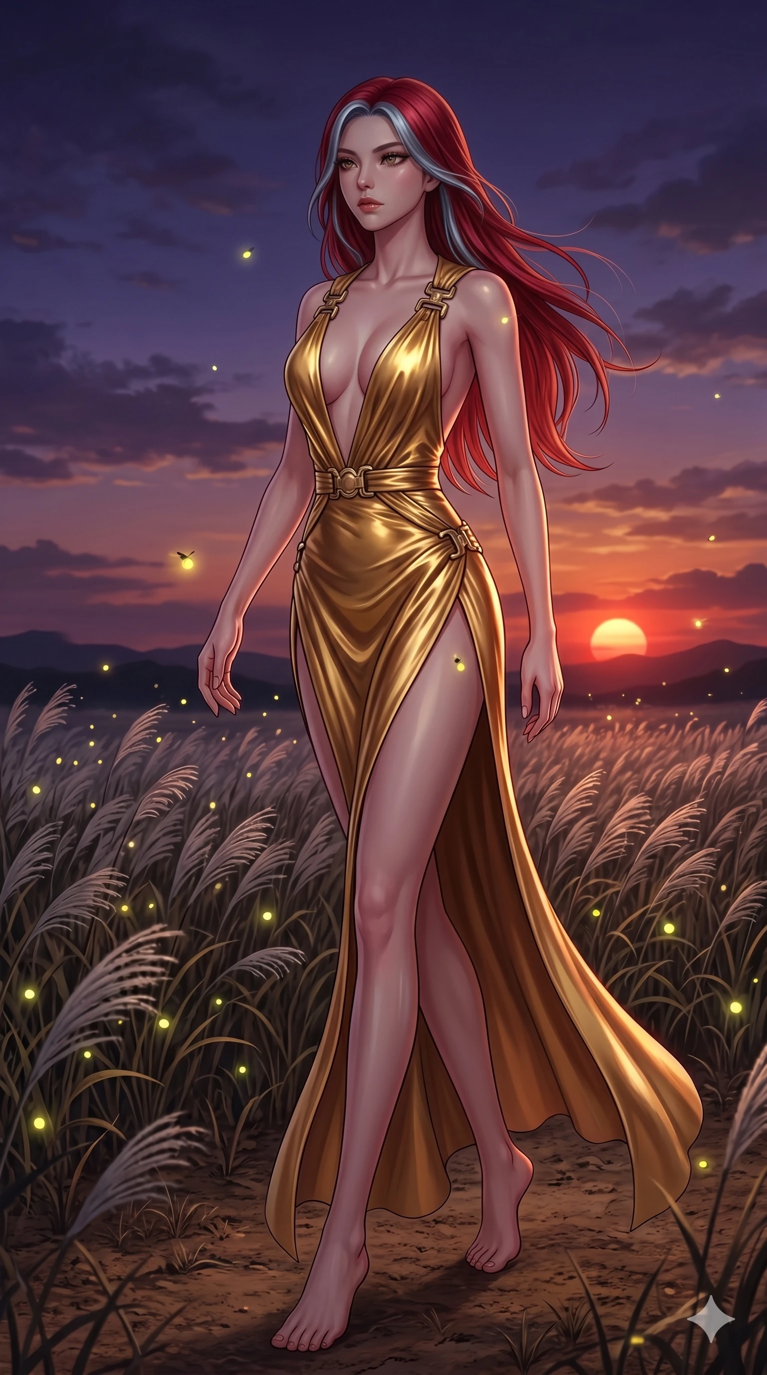 score_9, masterpiece, best quality, ultra-detailed, High-budget Anime Keyframe, East Asian woman. Dynamic full-body shot stretching the vertical silhouette to the limit. Scenario 8: Walking through a field of tall silver grass at twilight. Her presence is magnetic and overpowering in this high-budget anime scene. Outfit 8: A molten liquid silk gold with a plunging V-neckline and metallic buckles. The clothing is designed to emphasize her exceptionally tall and slender 8-heads proportion. 8-heads proportion, towering silhouette, ultra-slim waist. sharp v-shaped jawline, intricate jewel-like eyes with depth, thick eyelashes, glossy lips. 2k, ultra detail, master piece, 9:16 ratio