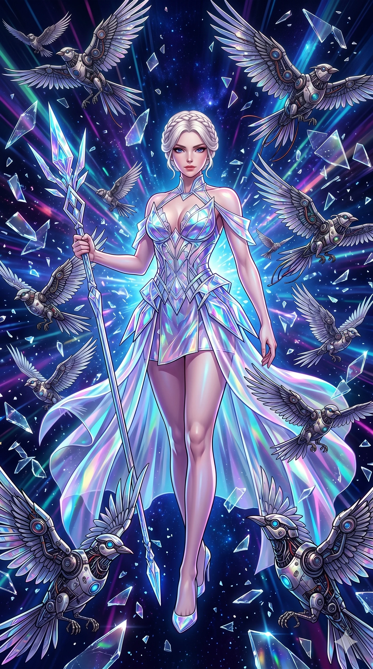 score_9, masterpiece, best quality, ultra-detailed, Set A: High-budget Anime Keyframe, Japanese woman. Low angle cowboy shot filling the entire 9:16 frame with her statuesque presence. Standing victoriously through a virtual reality void, surrounded by a whirlwind of 152 mechanical birds and surrounded by shattered glass fragments. She has an well-proportioned figure, an tall and elegant figure with elegant legs and an graceful posture. Sharp v-shaped jawline, high-bridge nose, intricate jewel-like eyes with depth, thick eyelashes, glossy lips with a natural sheen. Wearing Crystalline structure mini-dress with iridescent vinyl accents and holographic chiffon drapes. Cinematic lighting, vibrant colors, dramatic shadows, 2k, ultra detail, master piece, 9:16 ratio