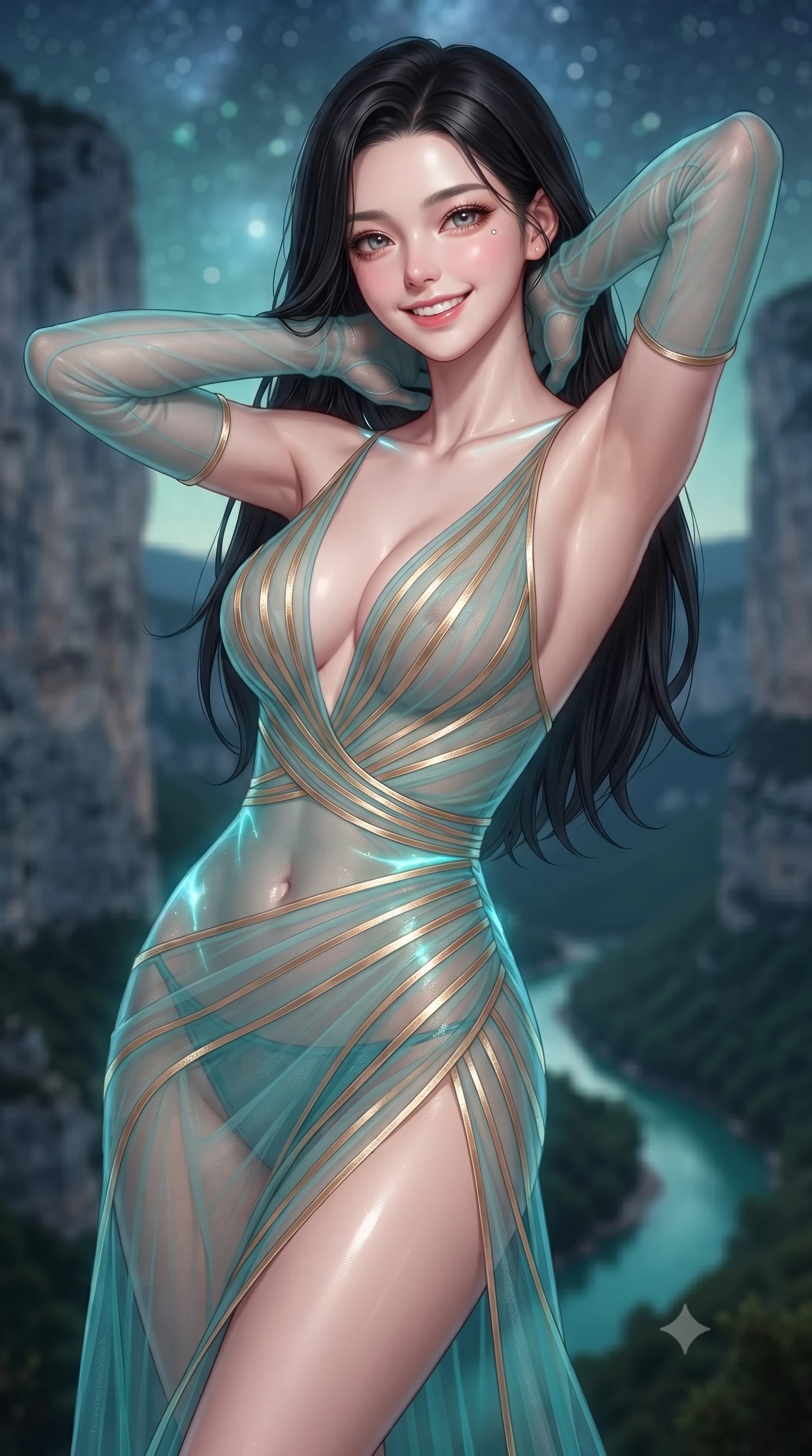 score_9, masterpiece, best quality, ultra-detailed, high-budget anime keyframe, editorial fashion photography, tasteful artistic composition, Korean woman. close-up cowboy shot from the waist and thighs up, the character dominates the composition, filling the frame with her large presence. resting both hands lightly behind her neck with elbows raised, arching her spine to highlight her narrow waist, flat midriff, and breathtaking collarbones while twisting her slender torso in an alluring contrapposto stance, glowing turquoise pool water and moonlight wrapping around her flat midriff and hips. The background shows a soft-focus monumental vertical limestone canyon walls towering into the night, winding emerald-turquoise Verdon river far below, and starry sky blurred into jade, turquoise, and silver bokeh. She has an exceptionally elegant, slender, and willowy female figure with an ultra-slim waist, flat toned midriff, narrow ribcage, and sculpted feminine hips creating an alluring, slim hourglass silhouette without bulk. sharp v-shaped jawline, high-bridge nose, intricate jewel-like sparkling eyes with depth, thick eyelashes, glossy parted lips with a natural peach sheen, bright cheerful beaming smile with an enchanting and coquettish sensual glint, exuding both youthful cute charm and seductive allure, flawlessly proportioned anatomical accuracy, strict slender model proportions, natural body alignment, perfectly sculpted long slender limbs, ultra-slim waistline, clean dynamic posture without body distortion. wearing a plunge-front sheer illusion tulle slip dress with liquid gold ribbon stripes hugging her curves in Sentosa tropical coral reef teal and pure iridescent pearl, made of sheer gossamer chiffon that drapes softly against skin with airy translucence, complemented by sheer opera-length evening gloves tracing her slender arms, the liquid-tight tailored fabric clinging flawlessly to her narrow waist and rounded feminine hips, emphasizing every millimeter of her sculpted slim hourglass curves without any bulky heaviness. illuminated by pool water reflection bounce and sharp platinum-cyan rim lights defining her dewy collarbones, ultra-slim waist, and curvy hips. ultra-reflective glossy finish, specular highlights, rich textural contrasts, high-contrast stereoscopic depth, volumetric dynamic lighting, 2k, ultra detail, master piece, 9:16 ratio