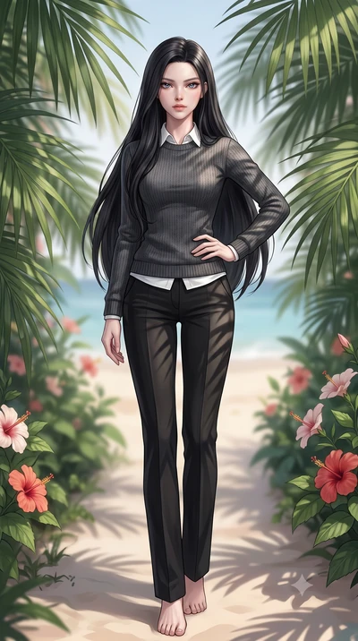 score_9, masterpiece, best quality, ultra-detailed, high-budget anime keyframe, editorial fashion photography, tasteful artistic composition, Korean woman woman. low angle full-body shot from head to toe showing her feet, filling the entire 9:16 vert