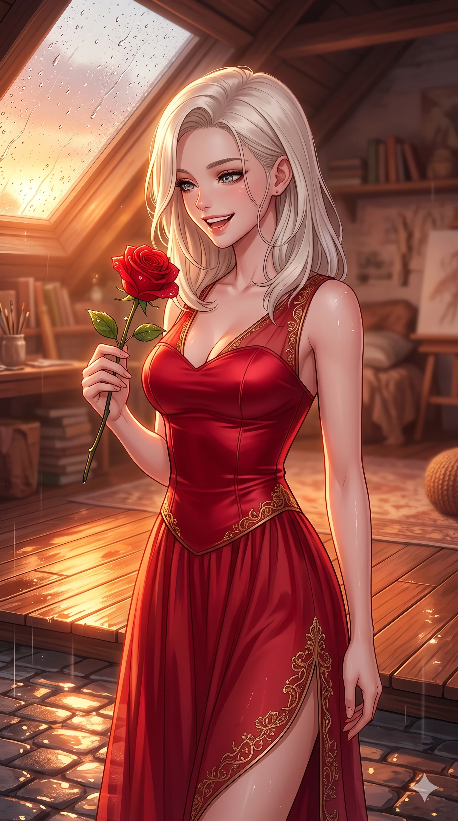 score_9, masterpiece, best quality, ultra-detailed, high-budget anime keyframe, vibrant anime aesthetic, Caucasian woman, strictly human ears. close-up cowboy shot from the waist and thighs up, the character dominates the composition, filling the frame with her large presence, background elements kept in soft focus. She is laughing happily while looking down at a blooming rain-drenched flower, her eyes glowing with lively energy with a relaxed and elegant posture. the background shows a soft-focus cozy attic studio with a large skylight pane covered in sliding rain droplets, bathed in soft warm light (Code-P22-134). She has an absolutely perfect proportion, an exceptionally elegant and slender female figure with an ultra-slim waist. V-shaped jawline, high-bridge nose, intricate jewel-like eyes with depth, thick eyelashes, glossy lips with a natural sheen. wearing a delicate chiffon dress featuring a structured satin bodice and refined side vent in ruby red and gold accents. She is bathed in glowing sunset light reflecting off wet cobblestones, creating a warm, inviting, and atmospheric glow on the outdoor wooden terrace. 2k, ultra detail, master piece, 9:16 ratio