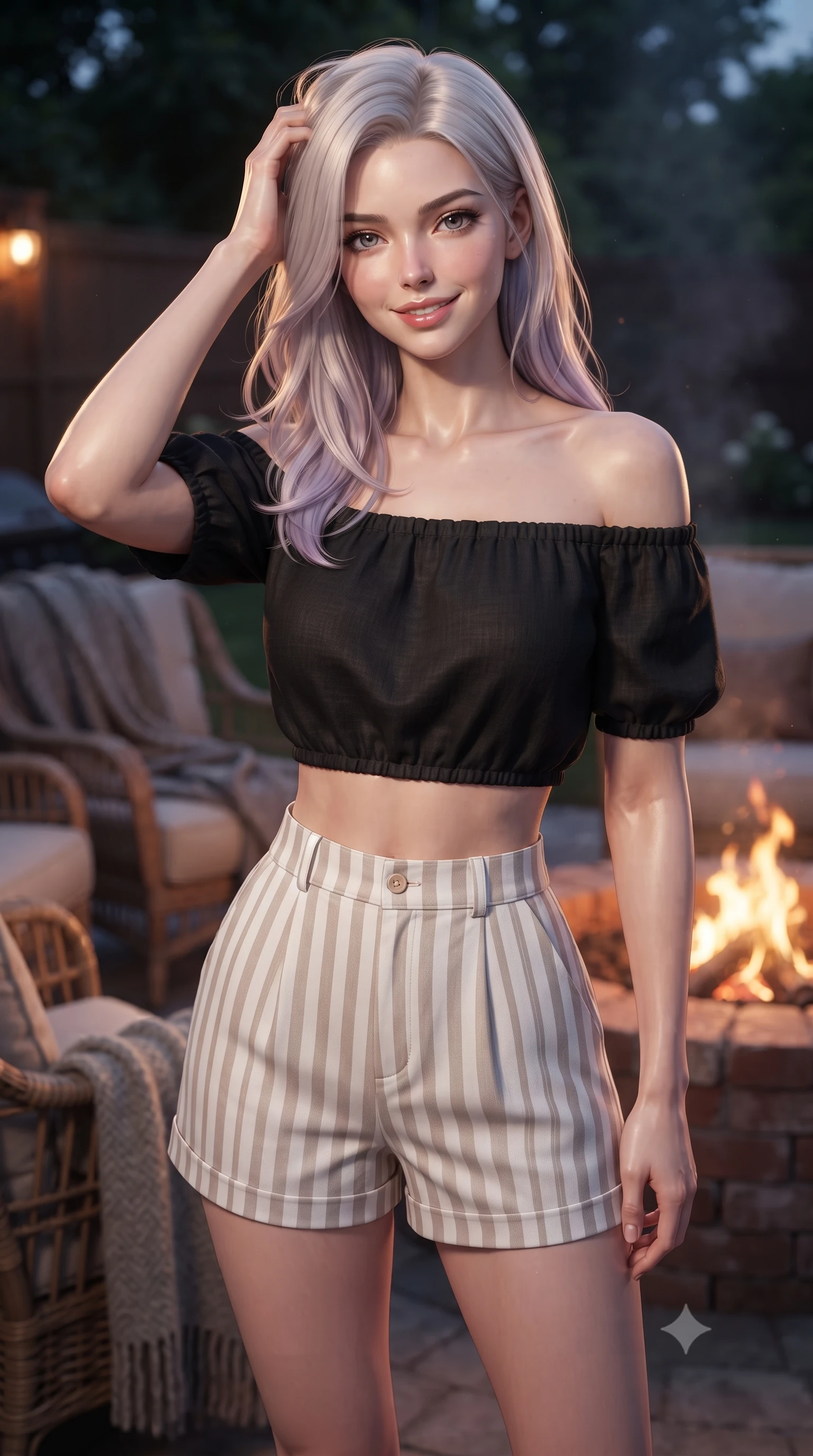 score_9, masterpiece, best quality, ultra-detailed, high-budget anime keyframe, editorial fashion photography, tasteful artistic composition, Caucasian woman. close-up cowboy shot from the waist and thighs up, the character dominates the composition, filling the frame with her large presence, background elements kept in soft focus. smiling with quiet, magnetic self-assurance directly into the camera, running a hand through her hair the background shows a soft-focus a cozy outdoor lounge area with rattan chairs, wool blankets, and a brick fire pit. She has an exceptionally elegant, slender, and willowy female figure with an ultra-slim waist, a gracefully sculpted slender torso, and a refined silhouette. sharp v-shaped jawline, high-bridge nose, intricate jewel-like eyes with depth, thick eyelashes, glossy lips with a natural sheen. wearing a slim-fit chic off-shoulder crop top in black linen, paired with high-waisted striped resort shorts. the warm orange flicker of the campfire casting cozy, intimate shadows. ultra-reflective glossy finish, specular highlights, metallic sheen, high-contrast stereoscopic depth, volumetric dynamic lighting, 2k, ultra detail, master piece, 9:16 ratio