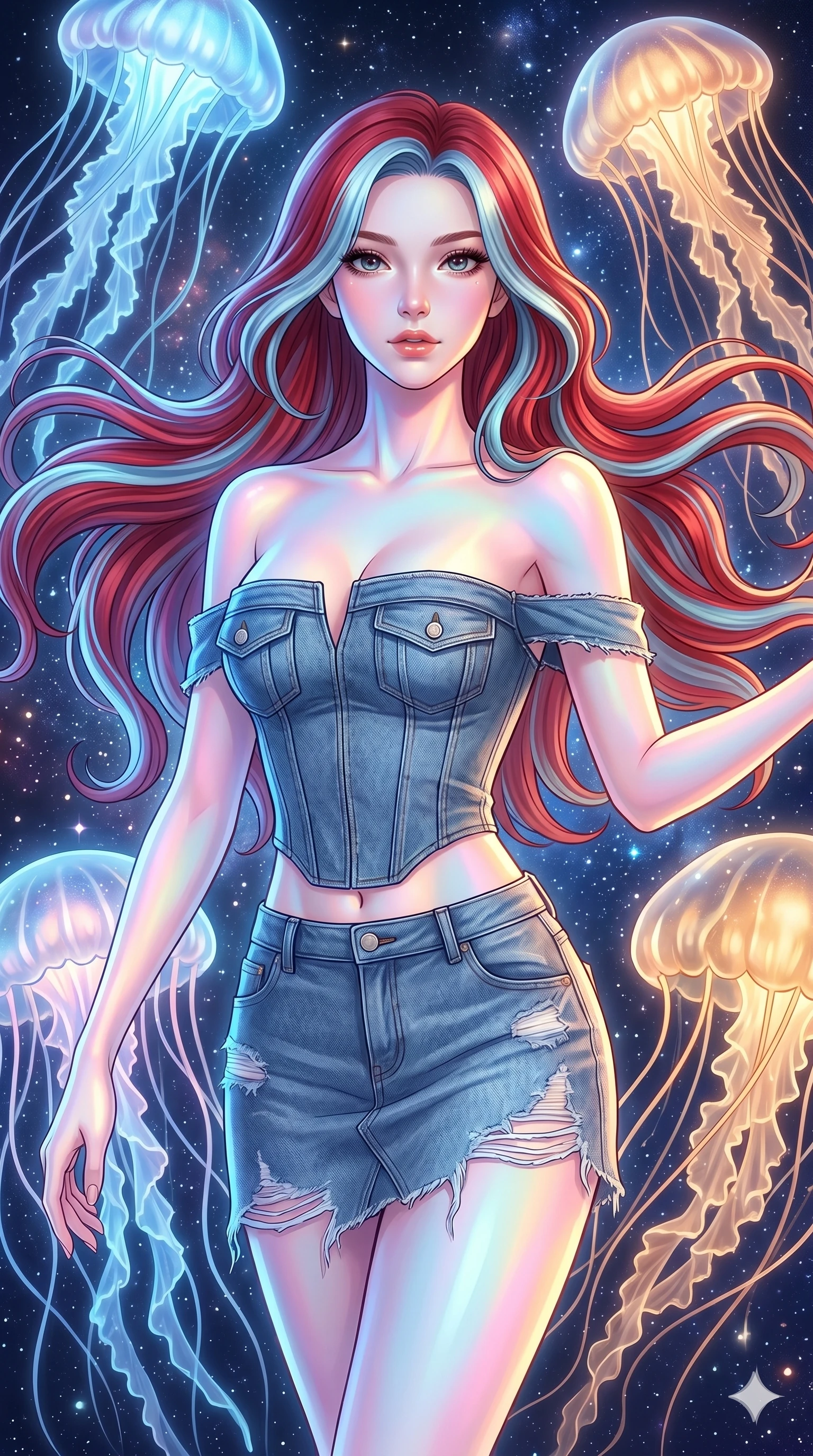 score_9, masterpiece, best quality, ultra-detailed, high-budget anime keyframe, Caucasian woman, strictly human ears. upper body close-up from the thighs up, character filling the screen for maximum presence. swirling gracefully among the glowing ribbon-like tentacles of giant bioluminescent jellyfish floating in a starry sky garden. She has an absolutely perfect 8-heads proportion, an exceptionally tall and slender female figure with impossibly long slender legs and an ultra-slim waist. V-shaped jawline, high-bridge nose, intricate jewel-like eyes with depth, thick eyelashes, glossy lips with a natural sheen.. wearing a deconstructed denim corset and an asymmetric ripped denim micro-skirt, showcasing a rugged yet chic off-shoulder style. enhanced by a luminous pastel spectrum glow, casting elegant rim lights on her shoulders and jawline. 2k, ultra detail, master piece, 9:16 ratio
