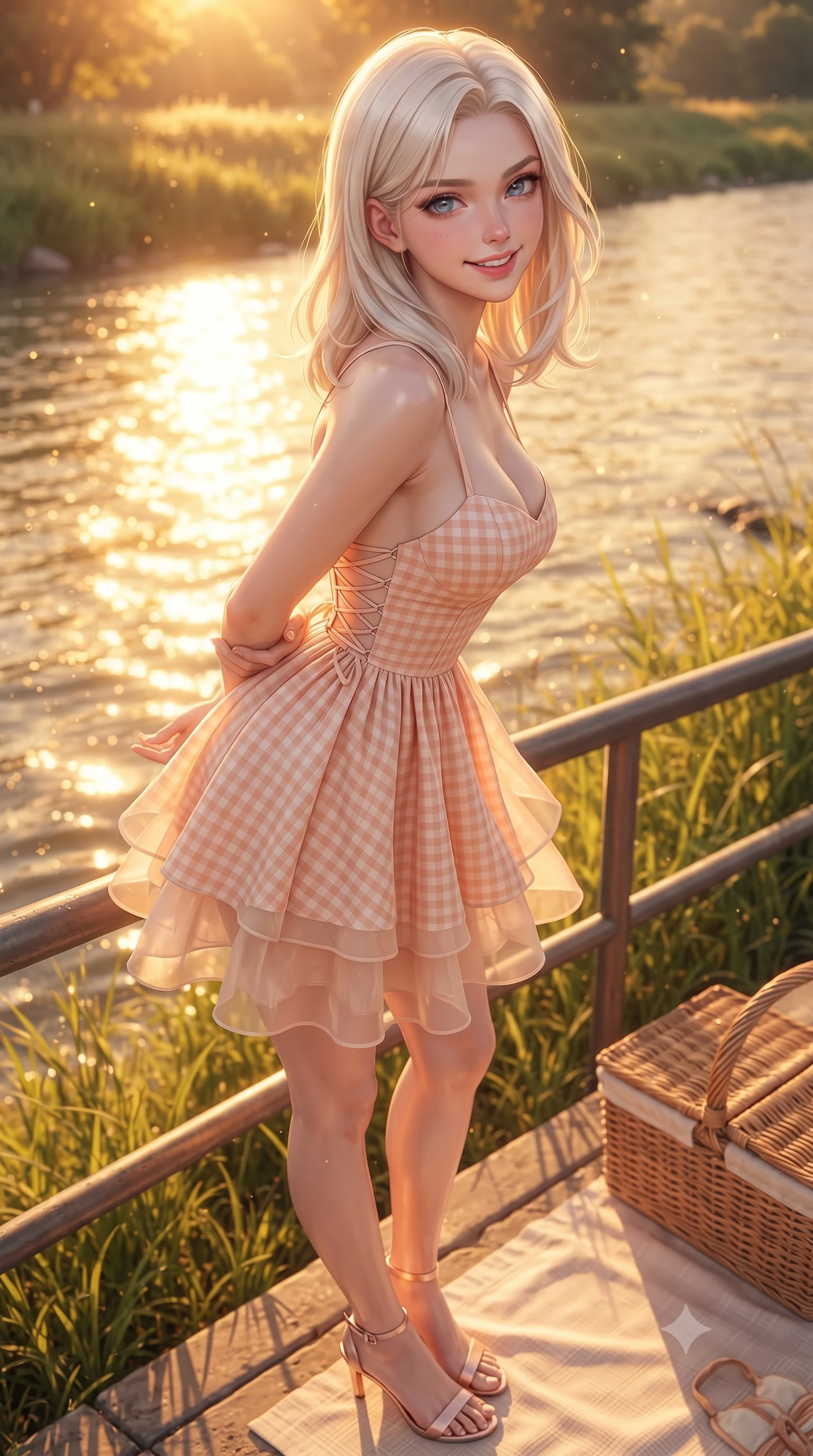 score_9, masterpiece, best quality, ultra-detailed, high-budget anime keyframe, editorial fashion photography, tasteful artistic composition, Caucasian woman. close-up cowboy shot from the waist and thighs up, the character dominates the composition, filling the frame with her large presence. resting both hands lightly behind her back while leaning toward the lens with a cheerful, teasing grin, her form-fitting outfit hugging her narrow waist and feminine hip curve while standing poised against the sunset-lit riverbank railing, twisting her slender torso in an alluring contrapposto stance as the river sparkles in gold. The surrounding environment is rendered in vivid detail and crisp panoramic clarity. sharp grass blade textures, picnic basket wicker weave, and river water surface tension in deep focus. She has an exceptionally elegant, slender, and willowy female figure with an ultra-slim waist, flat toned midriff, narrow ribcage, and sculpted feminine hips creating an alluring, slim hourglass silhouette without bulk. sharp v-shaped jawline, high-bridge nose, intricate jewel-like sparkling eyes with depth, thick eyelashes, glossy parted lips with a natural peach sheen, bright cheerful beaming smile with an enchanting and coquettish sensual glint, exuding both youthful cute charm and seductive allure, flawlessly proportioned anatomical accuracy, strict slender model proportions, natural body alignment, perfectly sculpted long slender limbs, ultra-slim waistline, clean dynamic posture without body distortion. wearing a backless lace-up gingham sundress with a form-fitting bodice and hip-defining silhouette in pastel peach blossom pink and warm champagne ivory, woven from layered gossamer organza with weightless flutter, finished with criss-cross back satin straps highlighting her graceful shoulder blades, the form-contouring cut accentuating her sculpted flat midriff, narrow delicate ribcage, and gracefully curvy hips with supermodel precision. bathed in breathtaking golden hour sunset backlighting painting the river in molten gold. ultra-reflective glossy finish, specular highlights, rich textural contrasts, high-contrast stereoscopic depth, volumetric dynamic lighting, 2k, ultra detail, master piece, 9:16 ratio