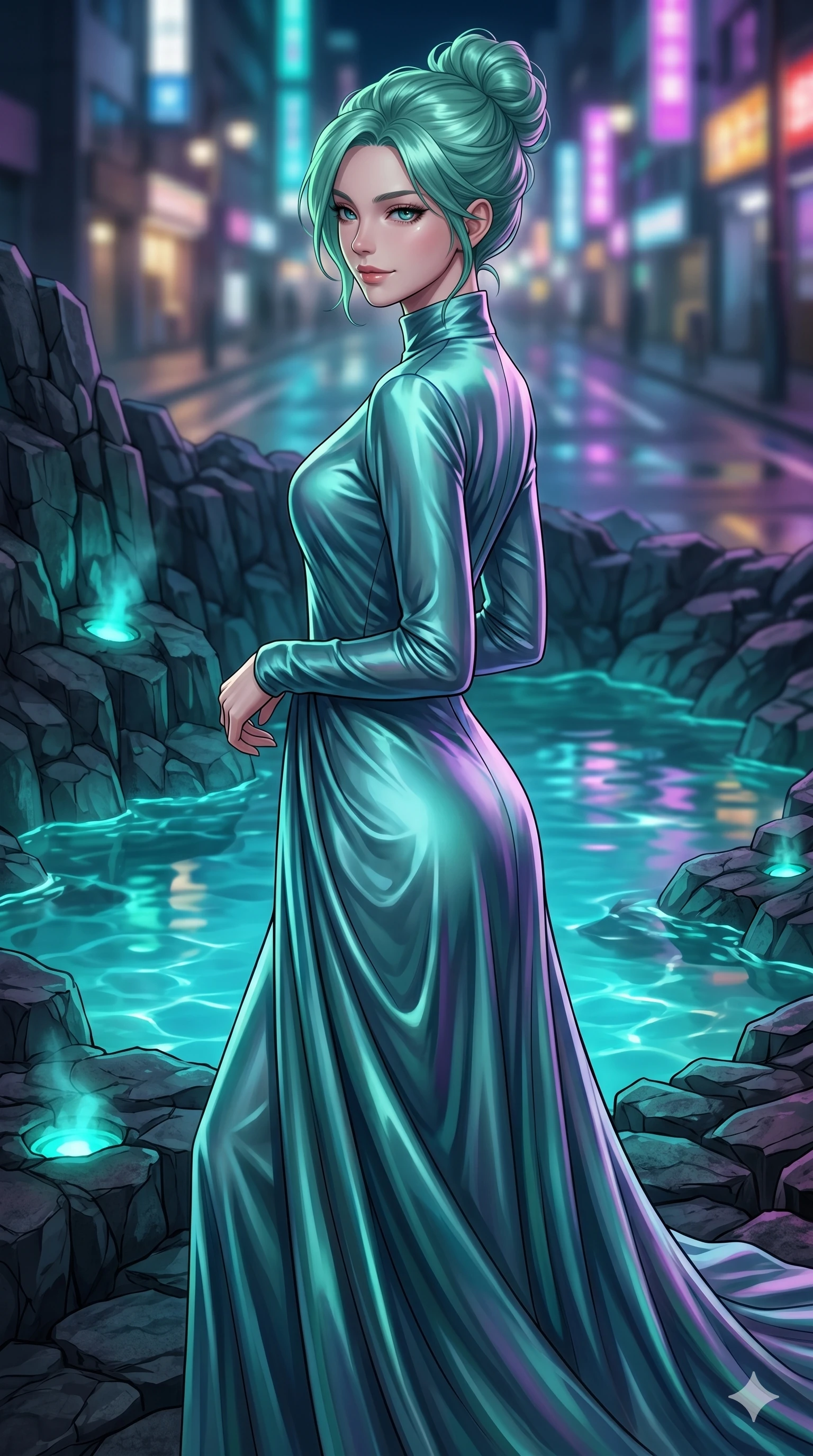 score_9, masterpiece, best quality, ultra-detailed, high-budget anime keyframe, editorial fashion photography, tasteful artistic composition, Japanese woman. cowboy shot from the thighs up, character and outfit filling the frame for maximum editorial presence. glancing sidelong over her shoulder with a smoldering half-smile by a volcanic basalt pool with glowing turquoise thermal water (Code-P17-007). She has an absolutely perfect 8-heads proportion, an exceptionally tall and slender female figure with impossibly long slender legs and an ultra-slim waist. V-shaped jawline, high-bridge nose, intricate jewel-like eyes with depth, thick eyelashes, glossy lips with a natural sheen. wearing a high-neck long-sleeved silk gown with an elegant drape. drenched in wet neon reflections from the street, highlighting the glossy textures of her outfit. 2k, ultra detail, master piece, 9:16 ratio