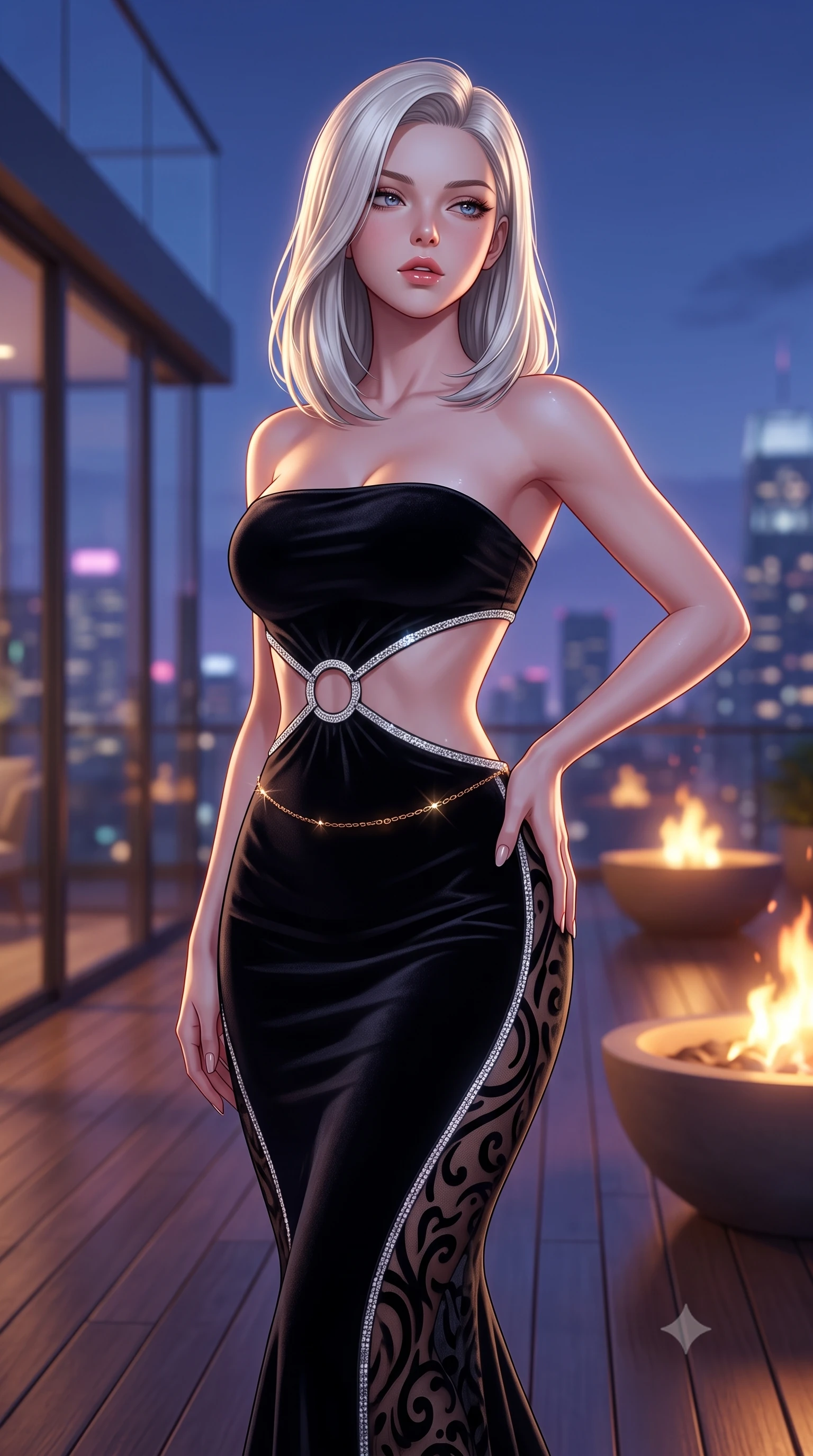 score_9, masterpiece, best quality, ultra-detailed, high-budget anime keyframe, semi-realistic 3D game render, editorial fashion photography, tasteful artistic composition, Caucasian woman. close-up cowboy shot from the waist and thighs up, the character dominates the composition, filling the frame with her large presence. resting one manicured hand delicately on her hip bone, her upper body turning in a fluid, seductive S-curve while parted lips glisten in the light while pivoting gracefully on the polished balcony deck with hips shifted in a pronounced contrapposto stance, parted glossy lips reflecting city neon. The composition keeps background elements in soft focus with creamy bokeh. glass terrace architecture and glowing fire pits softened in glamorous shallow depth of field. She has an exceptionally elegant, slender, and willowy female figure with an ultra-slim waist, a gracefully sculpted slender torso, toned flat midriff, and rounded feminine hips creating an alluring hourglass silhouette. sharp v-shaped jawline, high-bridge nose, intricate jewel-like eyes with depth, thick eyelashes, glossy parted lips with a natural sheen, intensely captivating and seductive bedroom-eyes expression, flawlessly proportioned anatomical accuracy, strict slender model proportions, natural body alignment, perfectly sculpted long slender limbs, ultra-slim waistline, clean dynamic posture without body distortion. wearing a sculptured strapless velvet evening gown with an open-waist ring cutout and body-hugging mermaid silhouette in high-contrast black velvet and diamond crystal trim, made of sheer contouring mesh with velvet flocking patterns, complemented by a delicate gold hip chain catching the ambient city reflections, the liquid-tight tailored fabric clinging flawlessly to her narrow waist and rounded feminine hips, emphasizing every millimeter of her sculpted hourglass curves during movement. bathed in twilight indigo sky tones and warm amber rooftop fire pit glow. highly saturated vibrant anime colors, detailed shading with soft gradients, rich glossy textures, high-contrast stereoscopic depth, volumetric dynamic lighting, master piece, 9:16 ratio