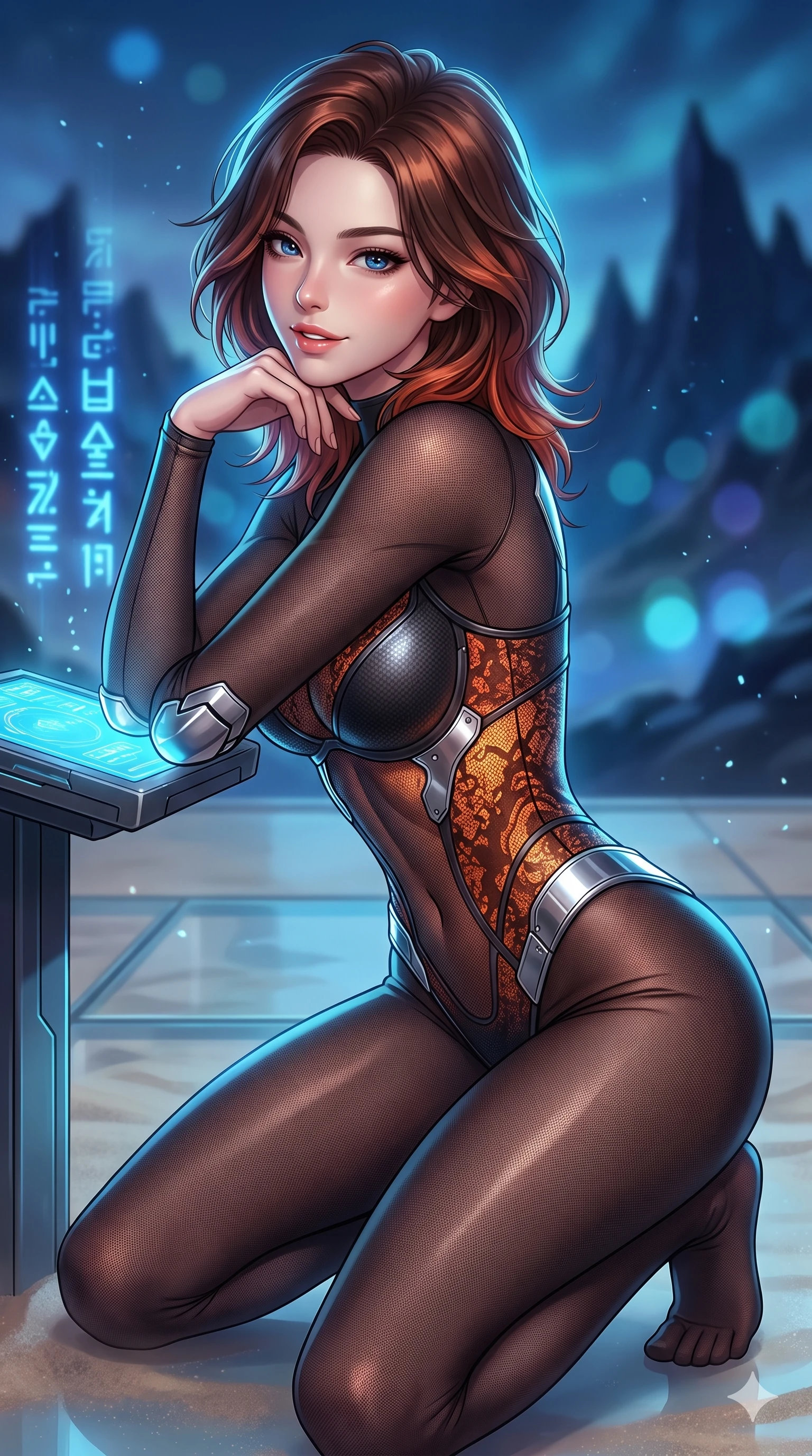 score_9, masterpiece, best quality, ultra-detailed, high-budget anime keyframe, semi-realistic 3D game render, editorial fashion photography, tasteful artistic composition, Korean woman. close-up cowboy shot from the waist and thighs up, the character dominates the composition, filling the frame with her large presence. resting one elbow on the diagnostic terminal and supporting her chin, leaning close to the camera with parted glossy lips and sparkling eyes while kneeling gracefully on the glass sand terrace with one leg extended, looking back over her shoulder with an intoxicating sensual smile. The background shows a soft-focus pulsing blue luminescent alien hieroglyphs, floating dust motes, and distant jagged obsidian mountain silhouettes blurred into sapphire, cyan, and deep indigo bokeh. She has an exceptionally elegant, slender, and willowy female figure with an ultra-slim waist, flat toned midriff, narrow ribcage, and sculpted feminine hips creating an alluring, slim hourglass silhouette without bulk. sharp v-shaped jawline, high-bridge nose, intricate jewel-like sparkling eyes with depth, thick eyelashes, glossy parted lips with a natural sheen, bright confident smile with an enchanting and coquettish sensual glint, exuding both youthful magnetic charm and sovereign high-tech allure, flawlessly proportioned anatomical accuracy, strict slender model proportions, natural body alignment, perfectly sculpted long slender limbs, ultra-slim waistline, clean dynamic posture without body distortion. wearing a form-contouring semi-opaque dark mesh catsuit with carbon-plated cups and fine lace-pattern panels across her torso in fiery geothermal copper and molten amber glow, formed from supple thermal silicone composite adhering seamlessly like a second skin, accented with strategically placed chrome armor plate guards covering key curves, the form-contouring cut accentuating her sculpted flat midriff, narrow delicate ribcage, and gracefully curvy hips with cybernetic supermodel precision. illuminated by sand surface bounce and sharp sapphire-cyan rim lights sculpting her razor-sharp jawline, narrow waist, and curvy hips. highly saturated vibrant anime colors, detailed shading with soft gradients, rich glossy textures, high-contrast stereoscopic depth, volumetric dynamic lighting, master piece, 9:16 ratio