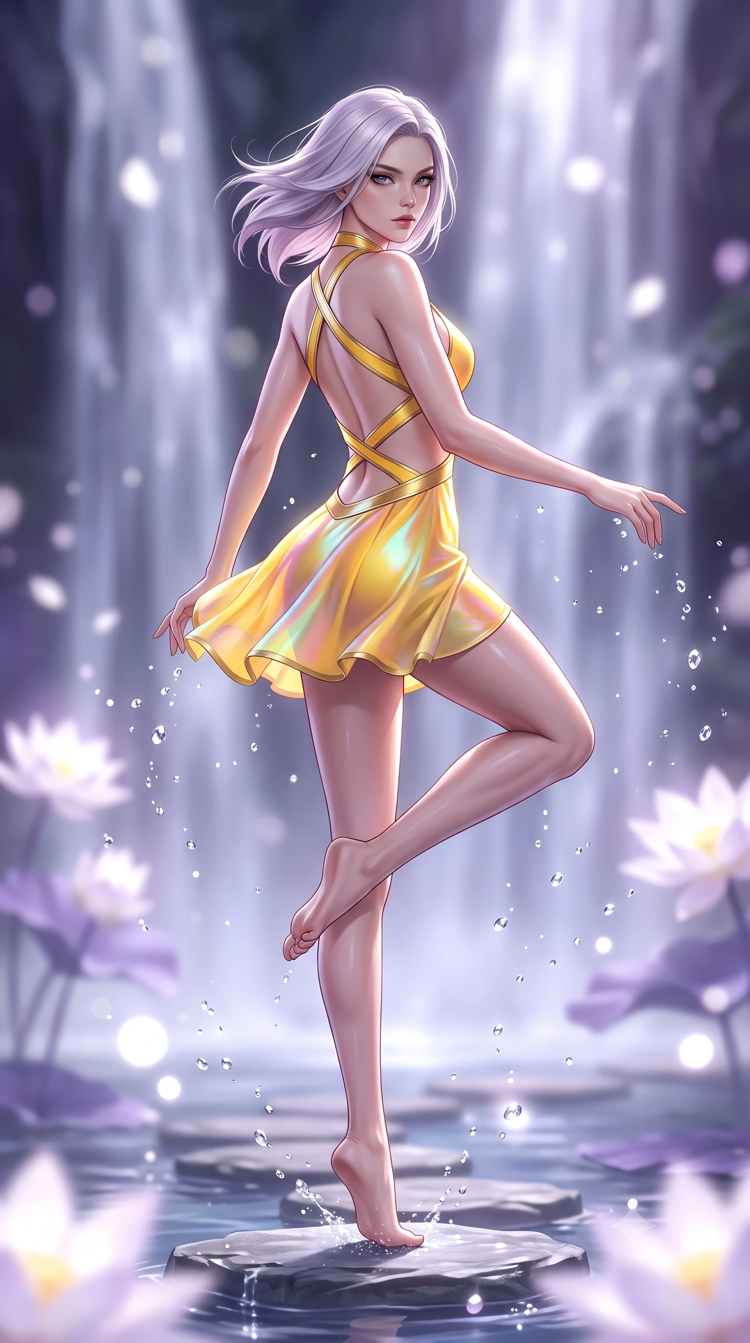 score_9, masterpiece, best quality, ultra-detailed, high-budget anime keyframe, semi-realistic 3D game render, editorial fashion photography, tasteful artistic composition, Caucasian woman. low angle full-body shot from head to toe showing her feet, filling the entire 9:16 vertical frame with her statuesque presence, stretching her vertical silhouette. performing an alluring mid-air vault with flawless poise, looking directly into the camera with smoldering intensity while pivoting dynamically on a submerged stepping stone as water droplets sparkle like pearls in mid-air. The composition keeps background elements in soft focus with creamy bokeh. cascading silver waterfalls and glowing pearl lotus petals blurred into smooth, dreamy white and violet bokeh. She has an absolutely perfect, statuesque 8.5-heads proportion, an exceptionally tall and slender model-like female figure with impossibly long slender legs, a toned flat midriff, and an ultra-slim waist. sharp v-shaped jawline, high-bridge nose, intricate jewel-like eyes with depth, thick eyelashes, glossy lips with a natural sheen, flawlessly proportioned anatomical accuracy, strict slender model proportions, natural body alignment, perfectly sculpted long slender limbs, ultra-slim waistline, clean dynamic posture without body distortion. wearing a second-skin fashion-latex mini dress with a clean architectural front, featuring an open-back design that wraps around the sides of her waist, showcasing her slender silhouette in vibrant sunburst canary yellow and gold trim, made of smooth iridescent silk chiffon that shifts colors with movement, complemented by criss-cross back straps highlighting her completely bare spine, the precision-cut daring openings accentuating her delicate midriff, graceful bare collarbones, and ultra-slim feminine waistline. surrounded by a sacred, pristine, and intensely seductive moon-sanctuary atmosphere. highly saturated vibrant anime colors, detailed shading with soft gradients, rich glossy textures, high-contrast stereoscopic depth, volumetric dynamic lighting, master piece, 9:16 ratio