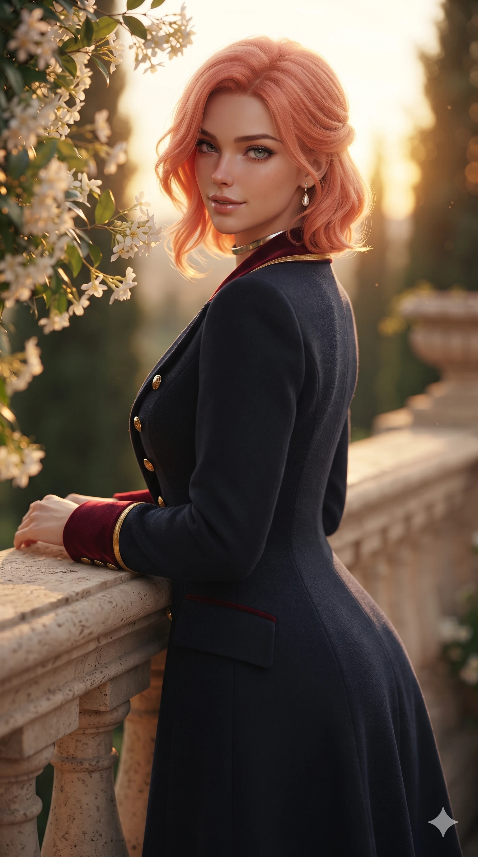 score_9, masterpiece, best quality, ultra-detailed, high-budget anime keyframe, editorial fashion photography, tasteful artistic composition, Japanese woman. close-up cowboy shot from the waist and thighs up, the character dominates the composition, filling the frame with her large presence. turning over a bare shoulder with an intoxicating, teasing smile, her soft hair framing her sharp jawline as her hips angle gracefully in a captivating contrapposto while leaning against the carved travertine balustrade with hips cocked back, looking through blooming jasmine vines with smoldering bedroom-eyes. The composition keeps background elements in soft focus with creamy bokeh: scented Tuscan evening breeze softened in Renaissance villa terrace shallow focus. She has an exceptionally elegant, slender, and willowy female figure with an ultra-slim waist, flat toned midriff, narrow ribcage, and sculpted feminine hips creating an alluring, slim hourglass silhouette without bulk. sharp v-shaped jawline, high-bridge nose, intricate jewel-like eyes with depth, thick eyelashes, glossy parted lips with a natural sheen, intensely captivating and seductive bedroom-eyes expression, flawlessly proportioned anatomical accuracy, strict slender model proportions, natural body alignment, perfectly sculpted long slender limbs, ultra-slim waistline, clean dynamic posture without body distortion. wearing a structured high-collar Victorian opera greatcoat in midnight navy wool with polished brass crest buttons in royal crimson velvet and burnished gold, tailored from water-resistant treated wool gabardine and flexible stretch silk, finished with a minimalist chrome choker and a single teardrop diamond pendant, the bespoke structured tailoring following the natural line of her 8.5-heads silhouette with refined elegance. bathed in the dramatic warm 2700K golden sunset glow filtering through cypress branches. ultra-reflective glossy finish, specular highlights, rich textural contrasts, high-contrast stereoscopic depth, volumetric dynamic lighting, 2k, ultra detail, master piece, 9:16 ratio