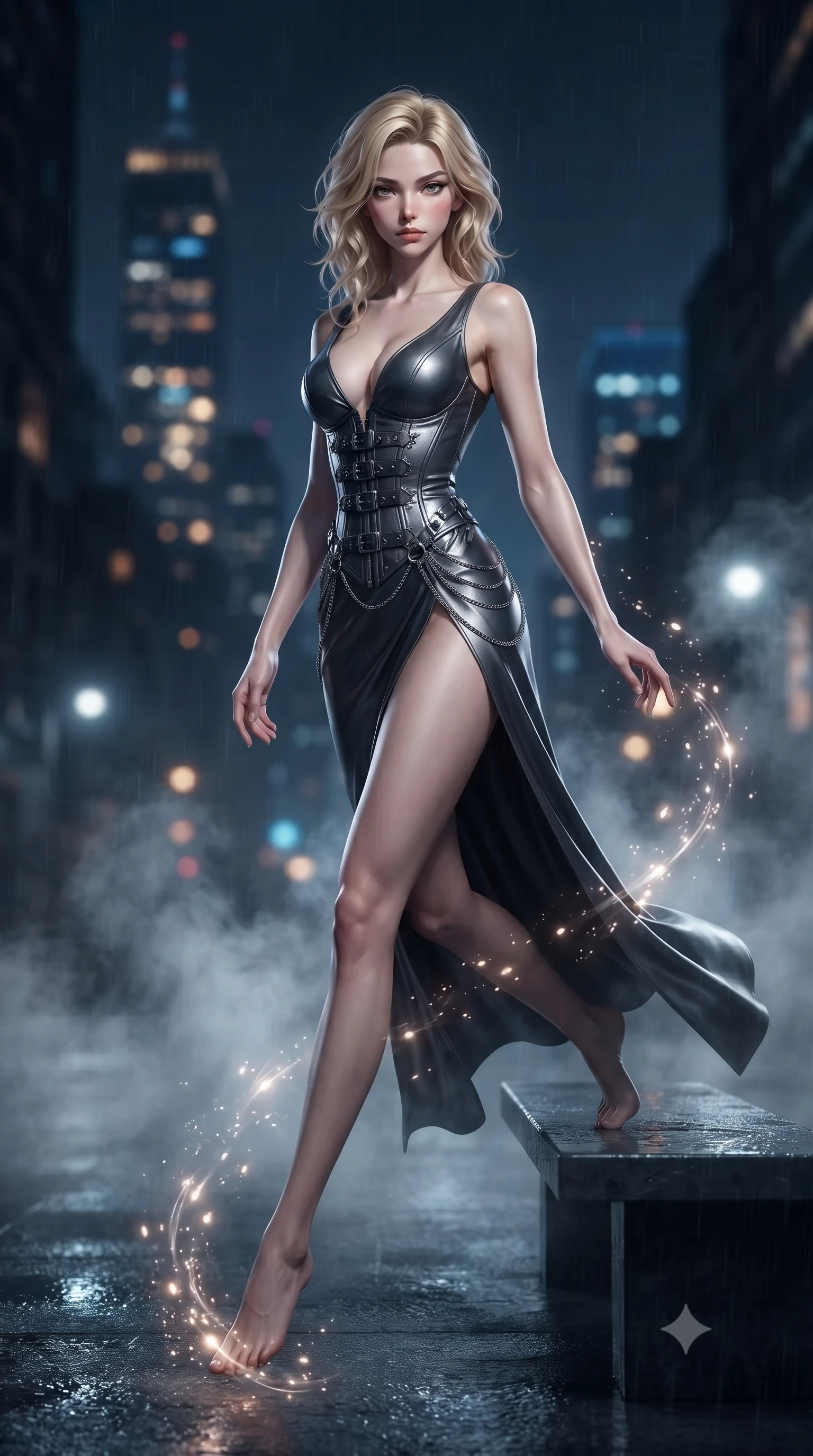 score_9, masterpiece, best quality, ultra-detailed, high-budget anime keyframe, editorial fashion photography, tasteful artistic composition, Caucasian woman. low angle full-body shot from head to toe showing her feet, filling the entire 9:16 vertical frame with her statuesque presence, stretching her vertical silhouette. interacting with glowing light particles, her long slender legs poised in motion, resting on a dark slate bench as steam rises into the cool nocturnal rain, distant skyscraper lights forming soft amber and blue bokeh in the background. She has an absolutely perfect, statuesque 8.5-heads proportion, an exceptionally tall and slender model-like female figure with impossibly long slender legs and an ultra-slim waist. sharp v-shaped jawline, high-bridge nose, intricate jewel-like eyes with depth, thick eyelashes, glossy lips with a natural sheen. wearing low-cut gothic structured bodice gown with high leg slit in dark charcoal gray, made of liquid dark mercury jersey, framed by dark titanium buckles and silver chain details, highlighting her statuesque proportions and ultra-slim waistline. lit by low-key spotlighting contrasting with steam and rain mist. ultra-reflective glossy finish, specular highlights, metallic sheen, high-contrast stereoscopic depth, volumetric dynamic lighting, 2k, ultra detail, master piece, 9:16 ratio