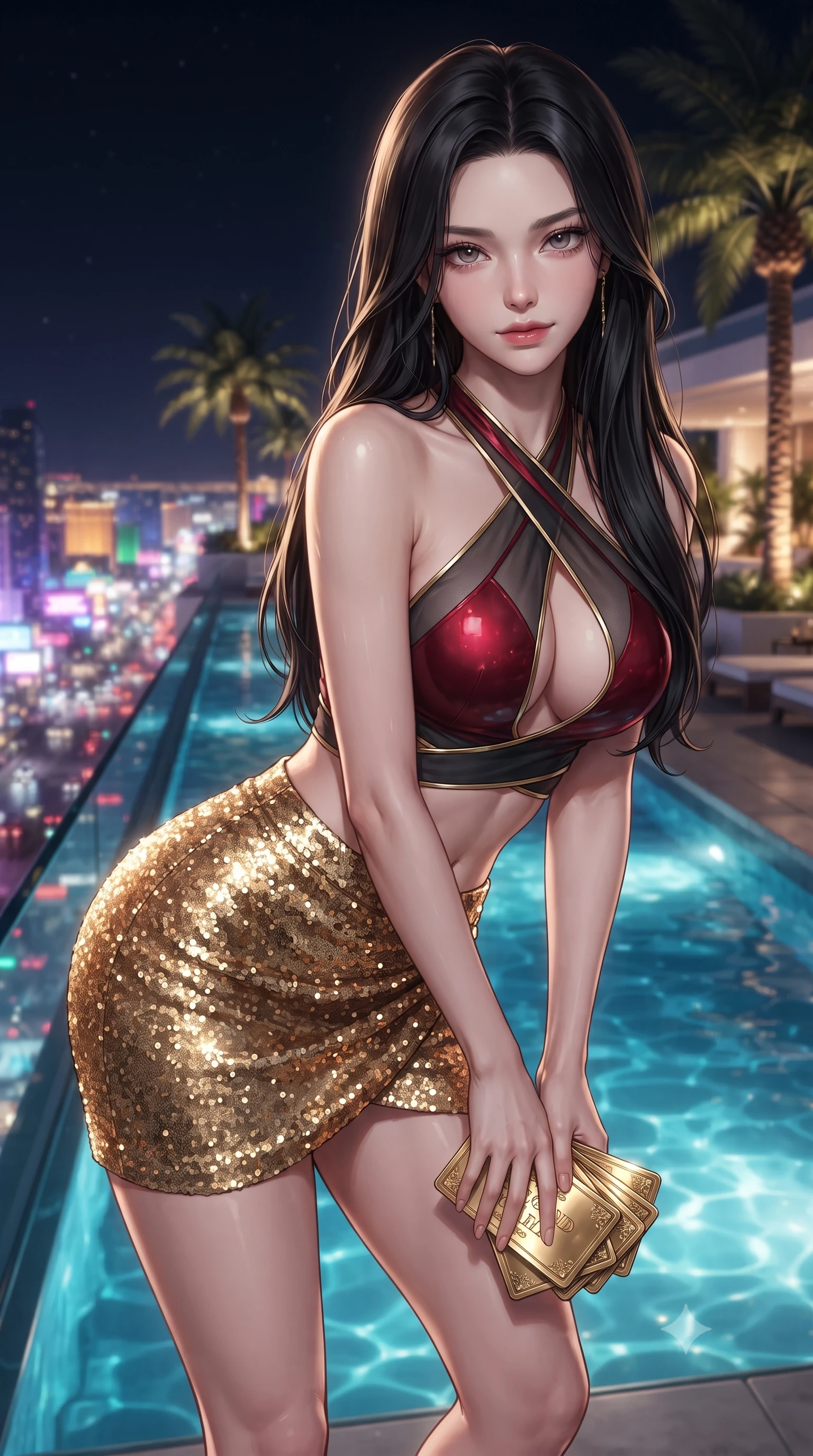 score_9, masterpiece, best quality, ultra-detailed, high-budget anime keyframe, editorial fashion photography, tasteful artistic composition, Korean woman. close-up cowboy shot from the waist and thighs up, the character dominates the composition, filling the frame with her large presence. leaning forward while arching her lower back to accentuate her curvy hips, looking into the camera with an intoxicating smoldering gaze and bedroom-eyes while standing at the edge of the cantilevered glass infinity pool high above the neon strip, arching her back with breathtaking siren presence. The background shows a soft-focus terrace palm trees softened in glamorous nocturnal resort shallow focus. She has an exceptionally elegant, slender, and willowy female figure with an ultra-slim waist, flat toned midriff, narrow ribcage, and sculpted feminine hips creating an alluring, slim hourglass silhouette without bulk. sharp v-shaped jawline, high-bridge nose, sparkling eyes with hypnotic seductive depth, thick curled eyelashes, glossy parted lips with a natural dewy peach sheen, alluring bedroom-eyes with an enchanting coquettish smile, exuding magnetic siren charisma and sophisticated glamour, flawlessly proportioned anatomical accuracy, strict slender model proportions, natural body alignment, perfectly sculpted long slender limbs, ultra-slim waistline, clean dynamic posture without body distortion. wearing a high-waisted gold sequin wrap mini skirt paired with a plunging criss-cross halter sports top in rich cherry lacquer and smoky charcoal with gold piping, made of semi-opaque stretch illusion mesh with soft shadowy contours, accented with a stack of engraved gold casino plaques held loosely in one hand, the form-contouring silhouette accentuating her sculpted flat midriff, narrow delicate ribcage, and gracefully curvy hips with intoxicating allure. illuminated by city neon reflection bounce and sharp platinum-gold rim lights defining her delicate clavicles, narrow waist, and curvy hips. ultra-reflective glossy finish, specular highlights, rich textural contrasts, high-contrast stereoscopic depth, volumetric dynamic lighting, 2k, ultra detail, master piece, 9:16 ratio