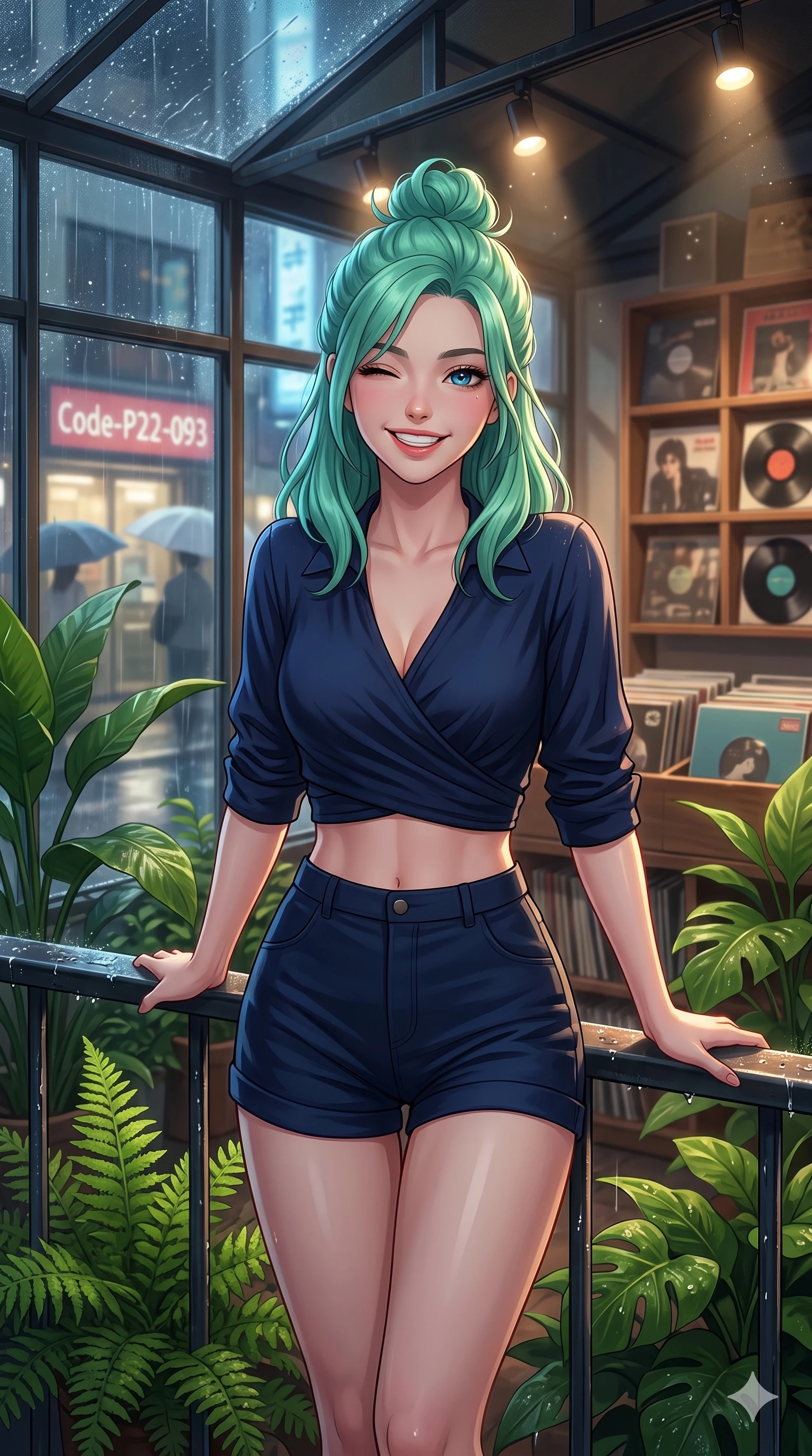 score_9, masterpiece, best quality, ultra-detailed, high-budget anime keyframe, vibrant anime aesthetic, Japanese woman. close-up cowboy shot from the waist and thighs up, the character dominates the composition, filling the frame with her large presence, background elements kept in soft focus. She is leaning back on a wet, rain-slicked railing, winking and smiling delightfully, with a bright, joyful gaze standing amidst vibrant green ferns. by the window of a cozy vintage record store, looking at the street through rain-streaked window panes (Code-P22-093). She has an absolutely perfect proportion, an exceptionally elegant and slender female figure with an ultra-slim waist. V-shaped jawline, high-bridge nose, intricate jewel-like eyes with depth, thick eyelashes, glossy lips with a natural sheen. wearing a cropped wrap shirt and high-waisted shorts in midnight blue. She is illuminated by warm overhead spotlights inside the plant conservatory dome, casting soft shadows that enhance her features inside the glass pavilion. 2k, ultra detail, master piece, 9:16 ratio