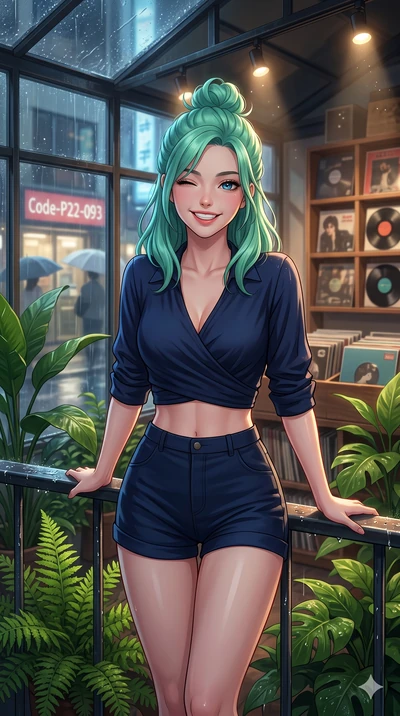 score_9, masterpiece, best quality, ultra-detailed, high-budget anime keyframe, vibrant anime aesthetic, Japanese woman. close-up cowboy shot from the waist and thighs up, the character dominates the composition, filling the frame with her large pres