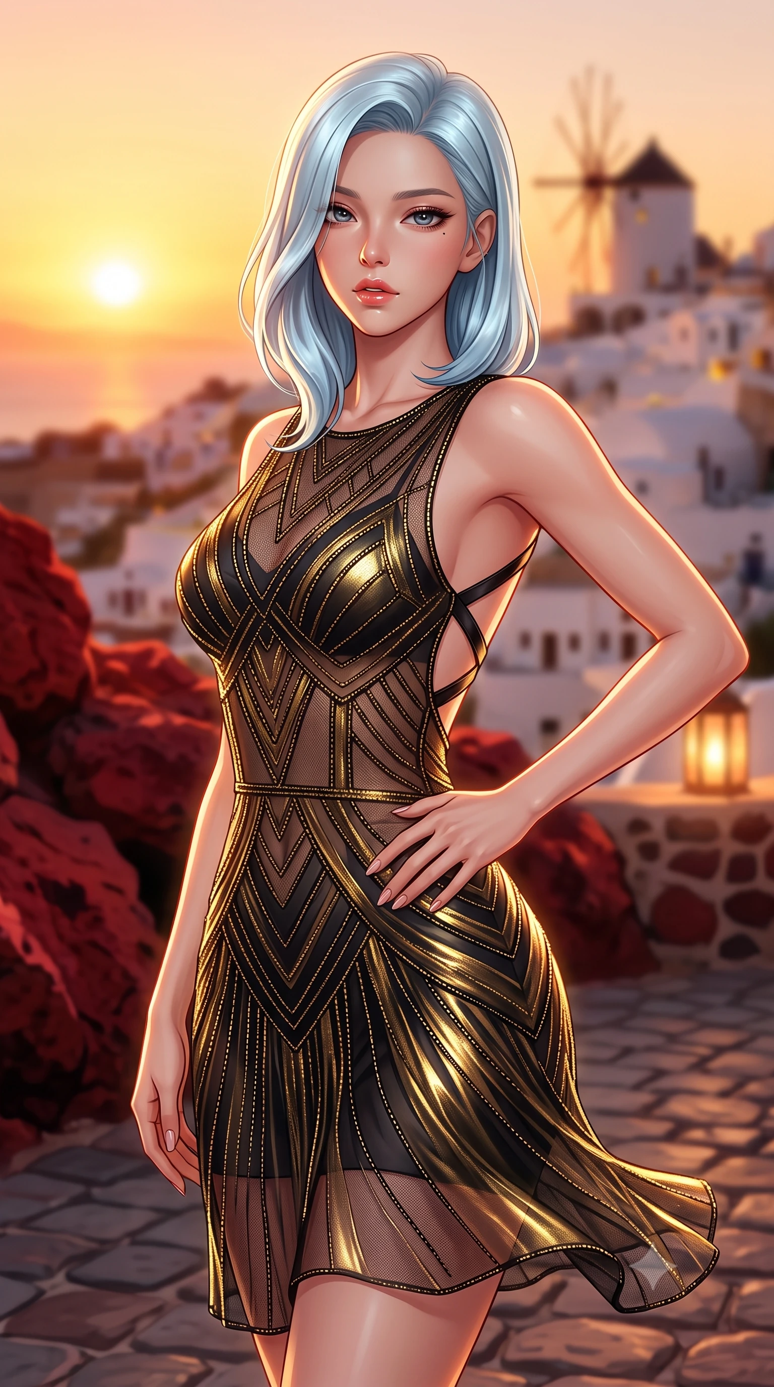 score_9, masterpiece, best quality, ultra-detailed, high-budget anime keyframe, semi-realistic 3D game render, editorial fashion photography, tasteful artistic composition, Korean woman. close-up cowboy shot from the waist and thighs up, the character dominates the composition, filling the frame with her large presence. resting one manicured hand delicately on her hip bone, her upper body turning in a fluid, seductive S-curve while parted lips glisten in the light while standing poised on the cobblestone taverna terrace, twisting her slender torso in an alluring contrapposto stance as the evening Aegean breeze flutters her dress. The composition keeps background elements in soft focus with creamy bokeh. distant Oia cliffside windmills and taverna lantern glow softened in romantic Greek island shallow focus. She has an exceptionally elegant, slender, and willowy female figure with an ultra-slim waist, flat toned midriff, narrow ribcage, and sculpted feminine hips creating an alluring, slim hourglass silhouette without bulk. sharp v-shaped jawline, high-bridge nose, intricate jewel-like eyes with depth, thick eyelashes, glossy parted lips with a natural sheen, intensely captivating and seductive bedroom-eyes expression, flawlessly proportioned anatomical accuracy, strict slender model proportions, natural body alignment, perfectly sculpted long slender limbs, ultra-slim waistline, clean dynamic posture without body distortion. wearing a sheer vintage mesh flapper dress adorned with intricate geometric beadwork over an opaque silk slip in midnight obsidian black and liquid gold, crafted from luxurious metallic lamé that shifts radiance with every step, featuring an open-back criss-cross harness strap in dark leather, the glove-like aerodynamic silhouette tightly following the natural contour of her hips and long slender legs with statuesque 8.5-heads elegance. bathed in intense golden hour Aegean sunset glow reflecting off deep red volcanic rocks. highly saturated vibrant anime colors, detailed shading with soft gradients, rich glossy textures, high-contrast stereoscopic depth, volumetric dynamic lighting, master piece, 9:16 ratio