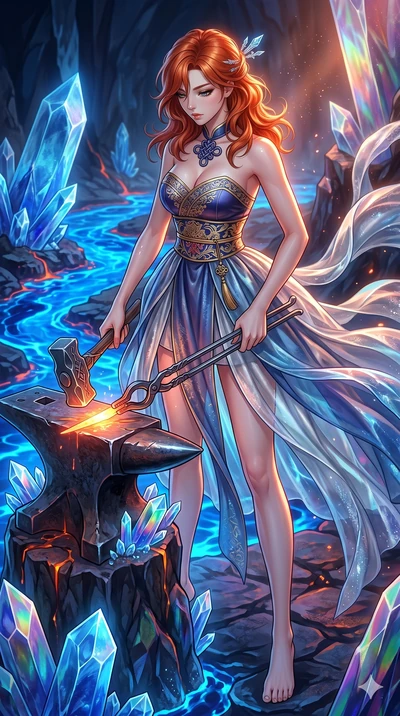 score_9, masterpiece, best quality, ultra-detailed, high-budget anime keyframe, Korean woman. low angle full-body shot filling the entire 9:16 frame with her statuesque presence, stretching the vertical silhouette. forging in a prismatic ice-volcano 