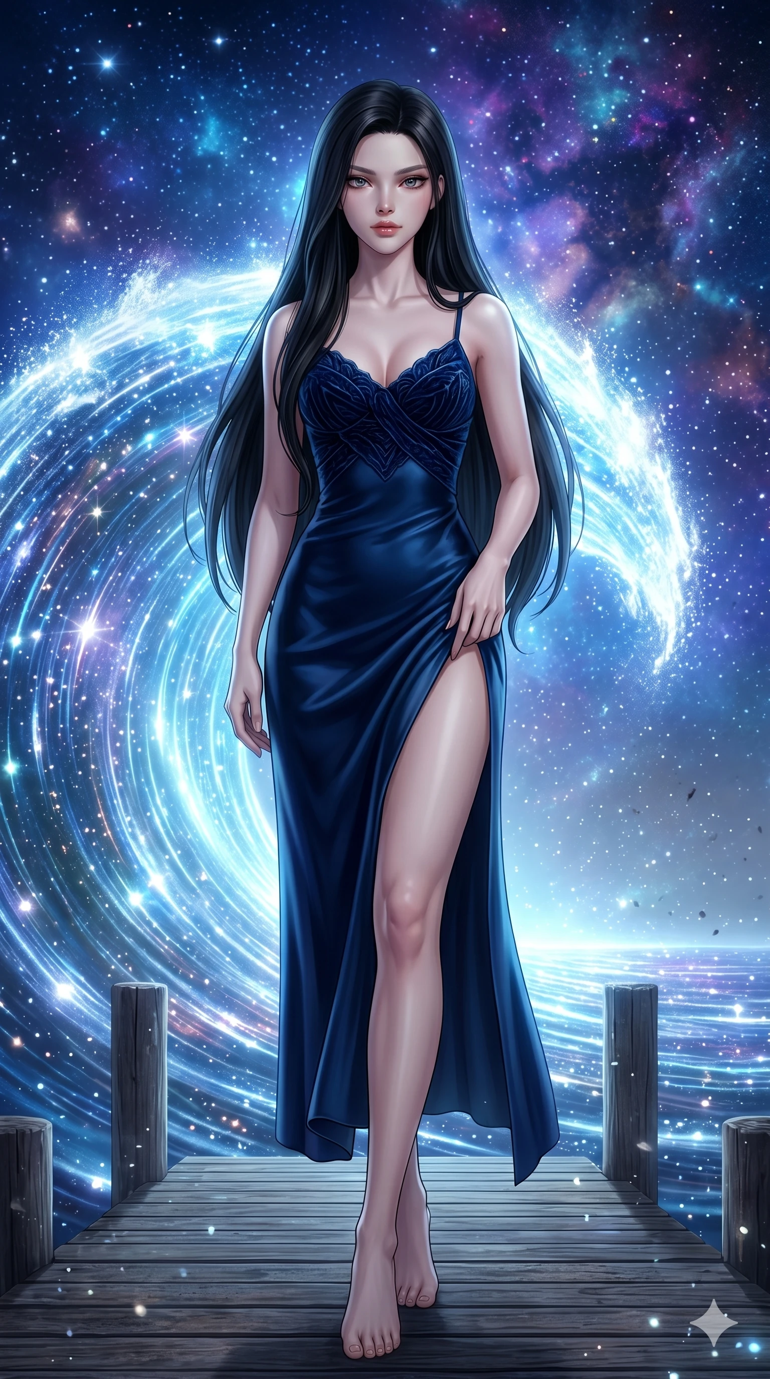 score_9, masterpiece, best quality, ultra-detailed, Set A: Photorealistic 8k CG, Japanese woman. Low angle cowboy shot filling the entire 9:16 frame with her statuesque presence. Standing on a pier as a giant wave of light crashes behind her. She has an absolutely perfect 8-heads proportion, an exceptionally tall and slender female figure with elegant long slender legs and an slender waist. Sharp v-shaped jawline, high-bridge nose, intricate jewel-like eyes with depth, thick eyelashes, glossy lips. Wearing a High-Fashion Editorial outfit: slip dress with a elegant high side slit and velvet detail. Background is a bright and colorful starry sea with a glowing blue wave and nebula sky. 2k, ultra detail, master piece, 9:16 ratio