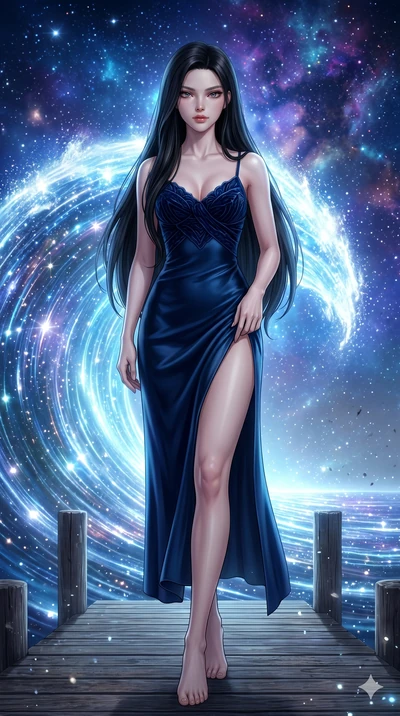 score_9, masterpiece, best quality, ultra-detailed, Set A: Photorealistic 8k CG, Japanese woman. Low angle cowboy shot filling the entire 9:16 frame with her statuesque presence. Standing on a pier as a giant wave of light crashes behind her. She has