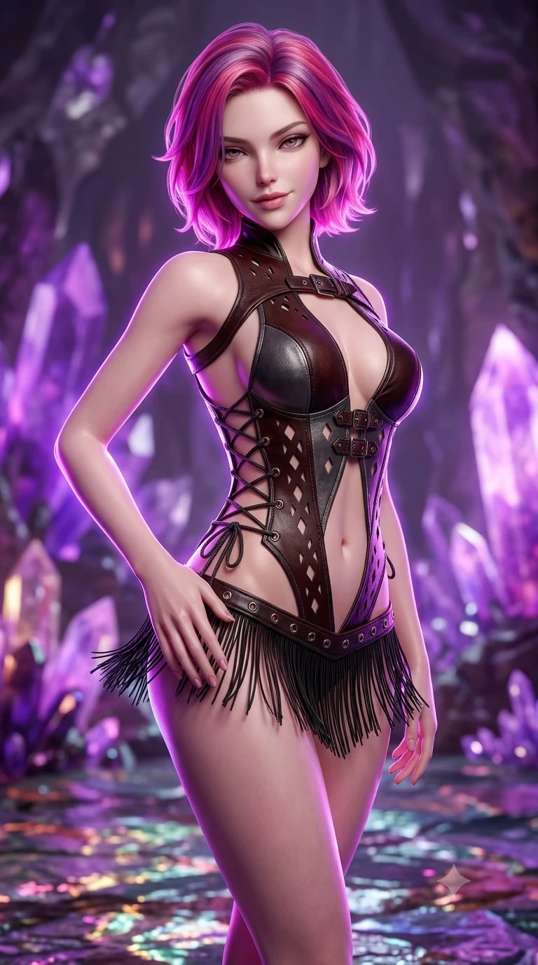score_9, masterpiece, best quality, ultra-detailed, high-budget anime keyframe, semi-realistic 3D game render, editorial fashion photography, tasteful artistic composition, Caucasian woman. close-up cowboy shot from the waist and thighs up, the character dominates the composition, filling the frame with her large presence. tilting her head with a teasing half-smile, running one hand slowly down the side of her hip in a flirtatious S-curve while standing tall on the reflective mineral floor, stretching her statuesque body with effortless sovereign poise as crystal reflections shimmer. The background shows a soft-focus underground volcanic crystal cavern softened in otherworldly geological shallow focus. She has an exceptionally elegant, slender, and willowy female figure with an ultra-slim waist, flat toned midriff, narrow ribcage, and sculpted feminine hips creating an alluring, slim hourglass silhouette without bulk. sharp v-shaped jawline, high-bridge nose, intricate jewel-like dark sparkling eyes with hypnotic seductive depth, thick curled eyelashes, glossy parted lips with a natural wine sheen, alluring bedroom-eyes with an enigmatic smoldering smile, exuding magnetic sovereign charisma and dark avant-garde glamour, flawlessly proportioned anatomical accuracy, strict slender model proportions, natural body alignment, perfectly sculpted long slender limbs, ultra-slim waistline, clean dynamic posture without body distortion. wearing a low-slung cutaway leather bodysuit with bare hip flanks and criss-cross cord ties in dark mahogany and brushed gunmetal, adorned with laser-cut diamond side panels revealing teasing glimpses of bare skin, finished with delicate jet-black micro-fringe fluttering softly along her hips with each step, the glove-like silhouette tightly following the natural contour of her hips and long slender legs with youthful 8.5-heads elegance. illuminated by crystalline floor bounce and sharp amethyst-violet rim lights defining her razor-sharp jawline, narrow waist, and curvy hips. highly saturated vibrant anime colors, detailed shading with soft gradients, rich glossy textures, high-contrast stereoscopic depth, volumetric dynamic lighting, master piece, 9:16 ratio