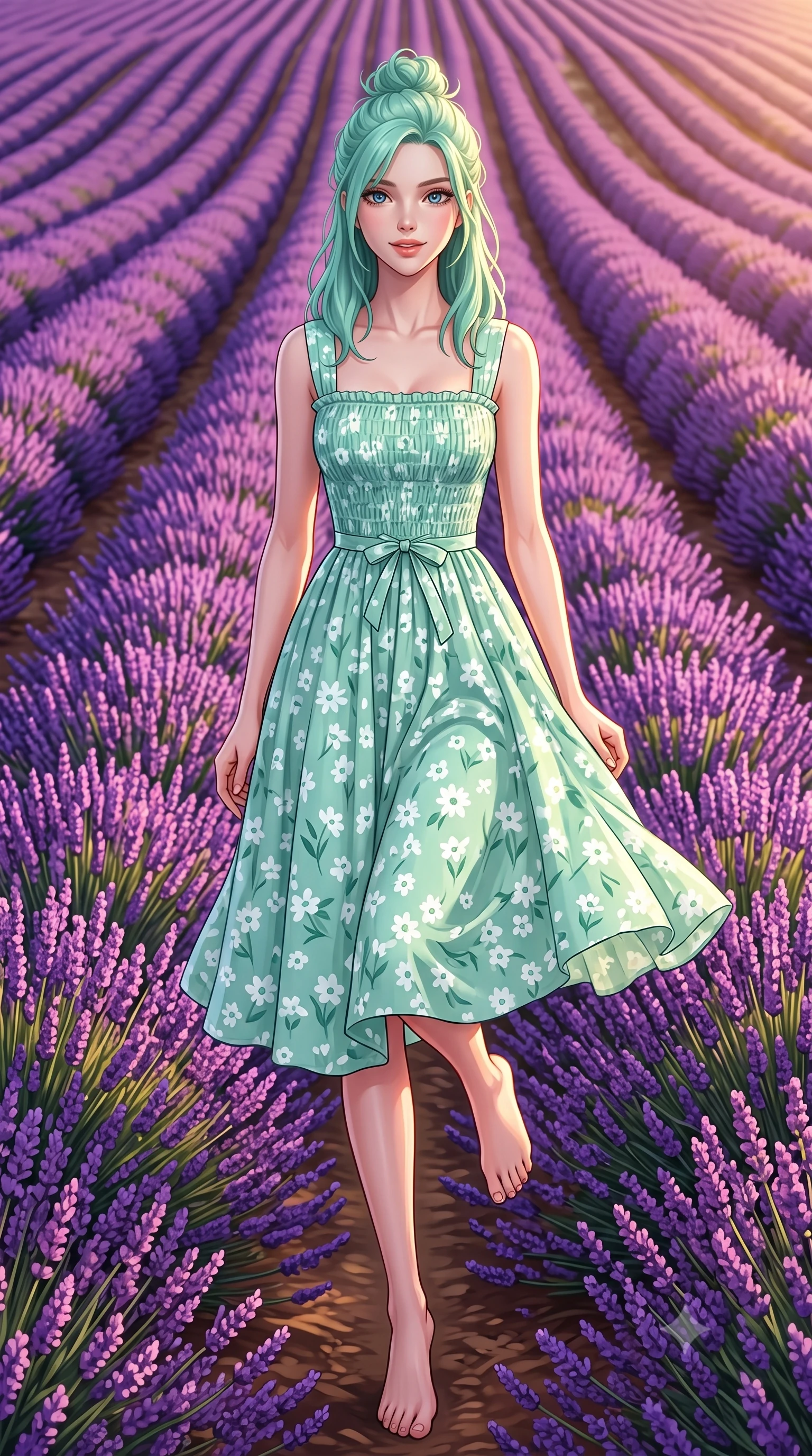 score_9, masterpiece, best quality, ultra-detailed, high-budget anime keyframe, semi-realistic 3D game render, editorial fashion photography, tasteful artistic composition, Japanese woman. low angle full-body shot from head to toe showing her feet, filling the entire 9:16 vertical frame with her statuesque presence, stretching her vertical silhouette. standing poised on one leg with a playful hop and joyful expression, her long legs and slender figure highlighted against the landscape while running playfully through endless rolling rows of violet lavender under a warm golden Mediterranean sun. The surrounding environment is rendered in vivid detail and crisp panoramic clarity. rich color saturation of violet flora and golden Mediterranean sunlight captured with sharpness. She has an absolutely perfect, statuesque 8.5-heads proportion, an exceptionally tall and slender model-like female figure with impossibly long slender legs, a toned flat midriff, and an ultra-slim waist. sharp v-shaped jawline, high-bridge nose, intricate jewel-like eyes with depth, thick eyelashes, glossy lips with a natural sheen, pure and lovely fresh girlhood expression, flawlessly proportioned anatomical accuracy, strict slender model proportions, natural body alignment, perfectly sculpted long slender limbs, ultra-slim waistline, clean dynamic posture without body distortion. wearing a sweet square-neck smocked midi dress decorated with delicate wildflower patterns in refreshing mint green and crisp sea-salt white, tailored from crisp organic cotton poplin, accented with a dainty ribbon bow at the waistline, the breezy lightweight fabric fluttering softly against her delicate collarbones, narrow waist, and feminine curves. bathed in warm golden hour sunlight casting long romantic shadows across the purple lavender rows. highly saturated vibrant anime colors, detailed shading with soft gradients, rich glossy textures, high-contrast stereoscopic depth, volumetric dynamic lighting, master piece, 9:16 ratio